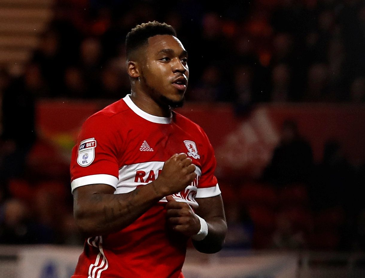 Soccer Football - Championship - Middlesbrough vs Birmingham City - Riverside Stadium, Middlesbrough, Britain - November 22, 2017   Middlesbrough's Britt Assombalonga celebrates scoring their second goal      Action Images/Lee Smith    EDITORIAL USE ONLY. No use with unauthorized audio, video, data, fixture lists, club/league logos or 