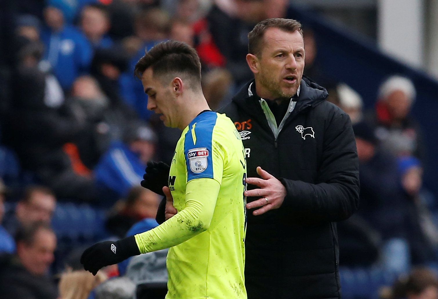 Soccer Football - Championship - Preston North End vs Derby County - Deepdale, Preston, Britain - April 2, 2018   Derby County manager Gary Rowett congratulates Tom Lawrence as he is substituted   Action Images/Craig Brough    EDITORIAL USE ONLY. No use with unauthorized audio, video, data, fixture lists, club/league logos or 