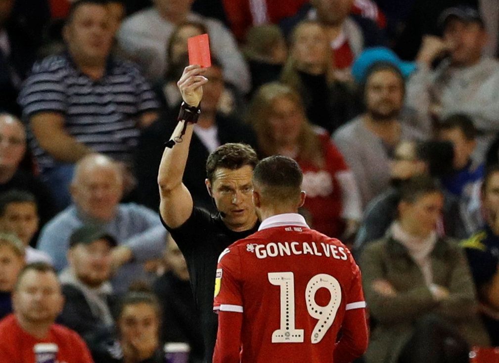 Soccer Football - Carabao Cup - Third Round - Nottingham Forest v Stoke City - The City Ground, Nottingham, Britain - September 26, 2018  Nottingham Forest's Diogo Goncalves is shown a red card by referee Darren England  Action Images/John Sibley  EDITORIAL USE ONLY. No use with unauthorized audio, video, data, fixture lists, club/league logos or "live" services. Online in-match use limited to 75 images, no video emulation. No use in betting, games or single club/league/player publications.  Ple