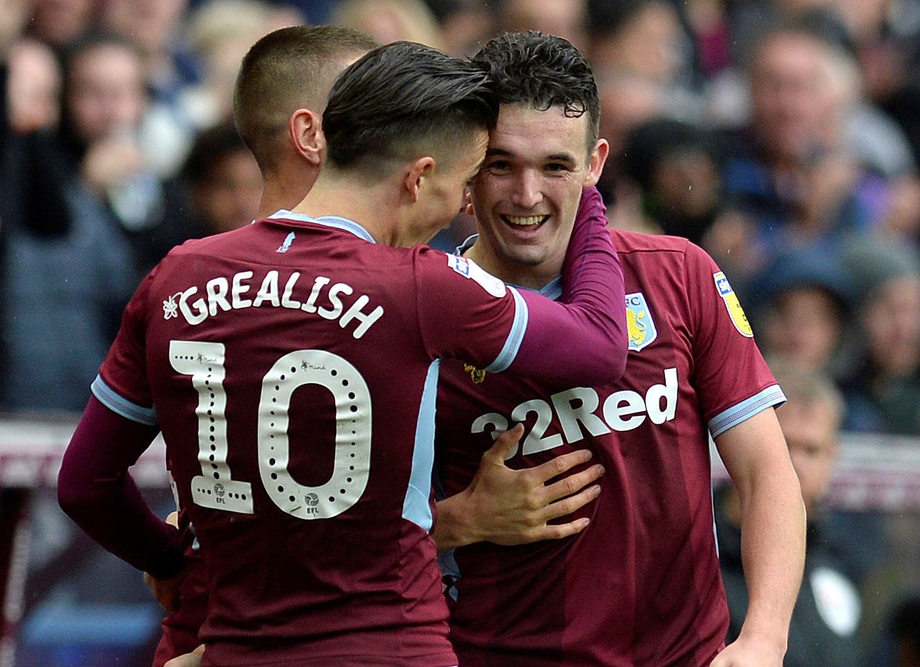 Soccer Football - Championship - Aston Villa v Sheffield Wednesday - Villa Park, Birmingham, Britain - September 22, 2018   Aston Villa's John McGinn celebrates scoring their first goal with Jack Grealish    Action Images/Alan Walter    EDITORIAL USE ONLY. No use with unauthorized audio, video, data, fixture lists, club/league logos or 