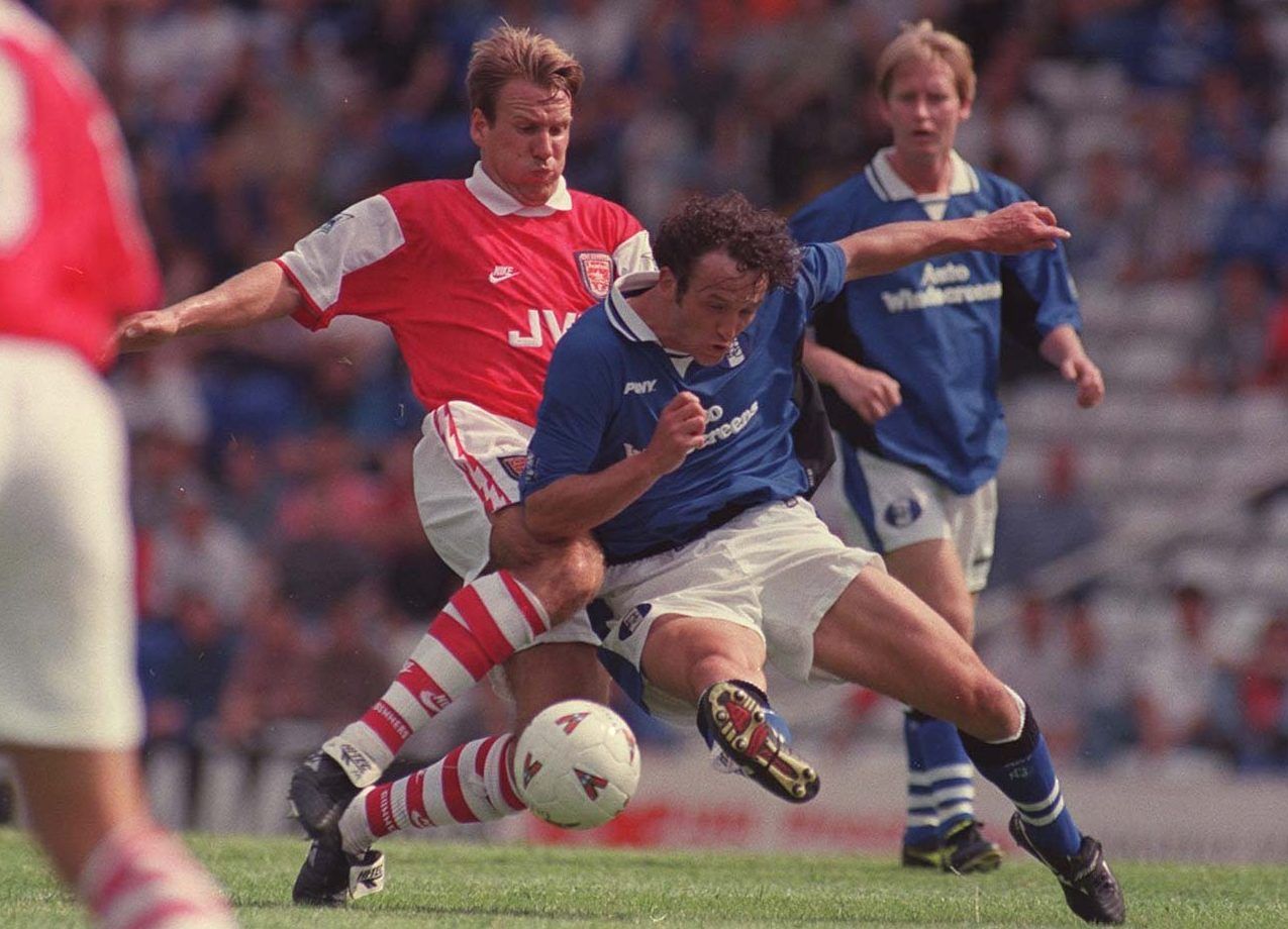 Birmingham v Arsenal 27/7/96 Pre-season friendly Pic: Nick Potts/Action Images 
Arsenal's Paul Merson feels the crunching challenge of Birmingham's Barry Horne
