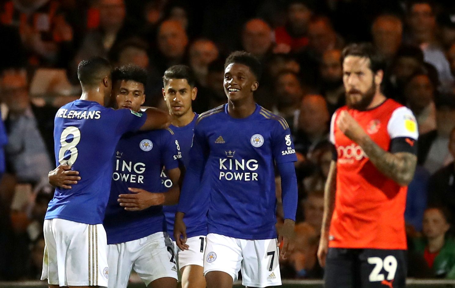 Soccer Football - Carabao Cup - Third Round - Luton Town v Leicester City - Kenilworth Road, Luton, Britain - September 24, 2019  Leicester City's James Justin celebrates scoring their second goal with teammates  Action Images via Reuters/Carl Recine  EDITORIAL USE ONLY. No use with unauthorized audio, video, data, fixture lists, club/league logos or 