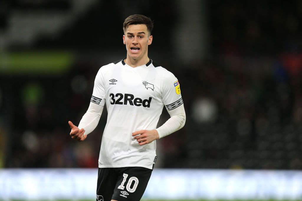 DERBY, ENGLAND - MARCH 13: Tom Lawrence of Derby County during the Sky Bet Championship between Derby County and Stoke City at Pride Park Stadium on March 13, 2019 in Derby, England. (Photo by Molly Darlington - AMA/Getty Images)