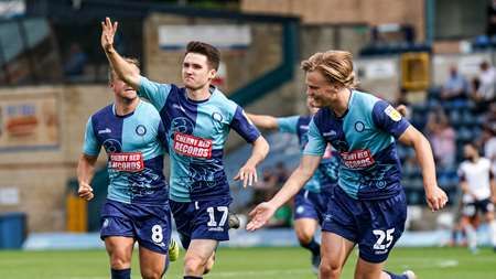 Paul Smyth (on loan from QPR) of Wycombe Wanderers celebrates his goal during the Sky Bet League 1 match between Wycombe Wanderers and Bolton Wanderers at Adams Park, High Wycombe, England on the 3rd August 2019. Photo by Liam McAvoy.