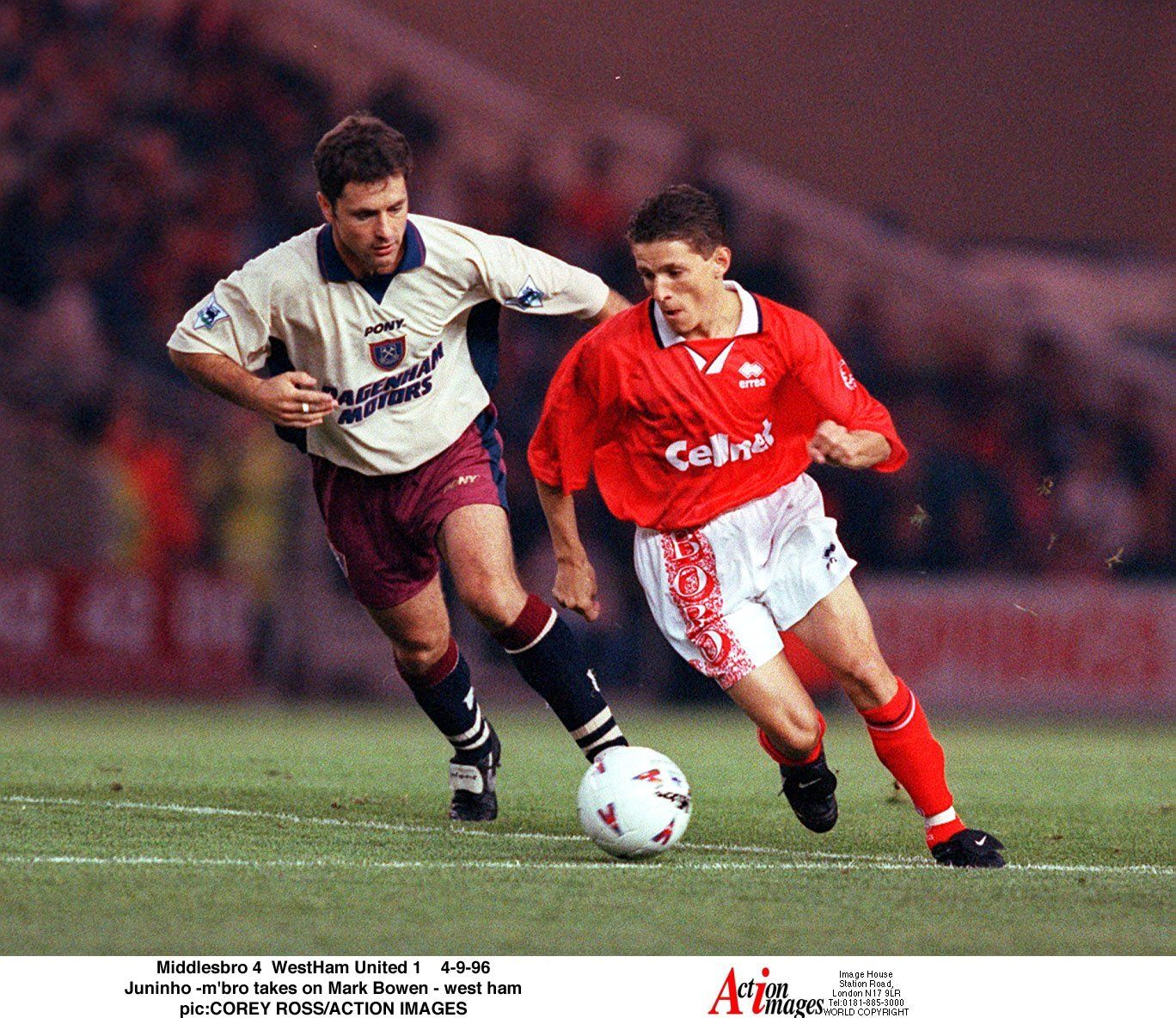 Middlesbrough 4  West Ham United 1    4-9-96 
Juninho - Middlesbrough - takes on Mark Bowen - West Ham 
      pic: Corey Ross/ Action Images