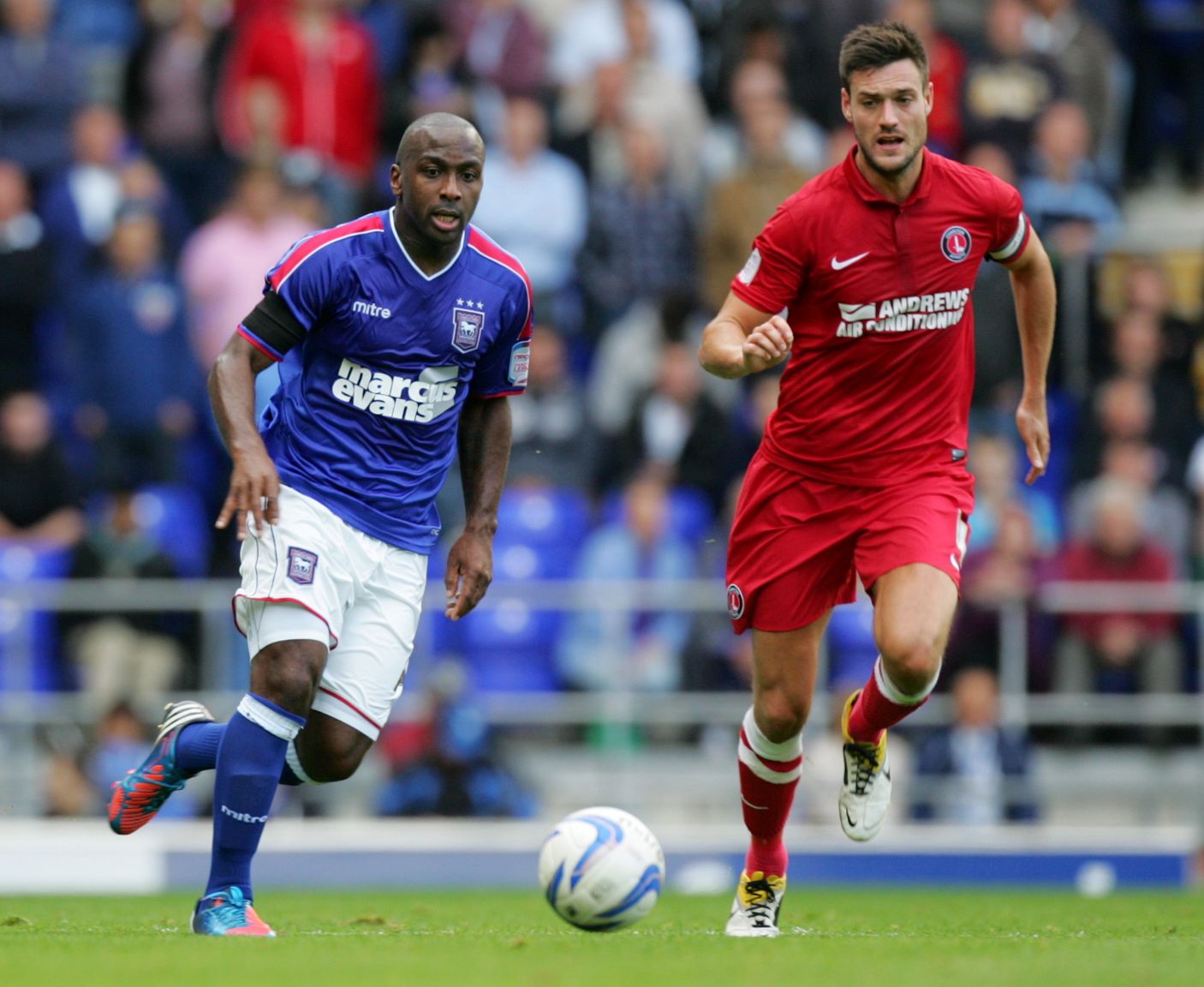 Football - Ipswich Town v Charlton Athletic - npower Football League Championship  - Portman Road - 12/13 - 22/9/12 
Ipswich's Jason Scotland  in action against Charlton's Johnnie Jackson 
Mandatory Credit: Action Images / David Field 
EDITORIAL USE ONLY. No use with unauthorized audio, video, data, fixture lists, club/league logos or live services. Online in-match use limited to 45 images, no video emulation. No use in betting, games or single club/league/player publications.  Please contact yo