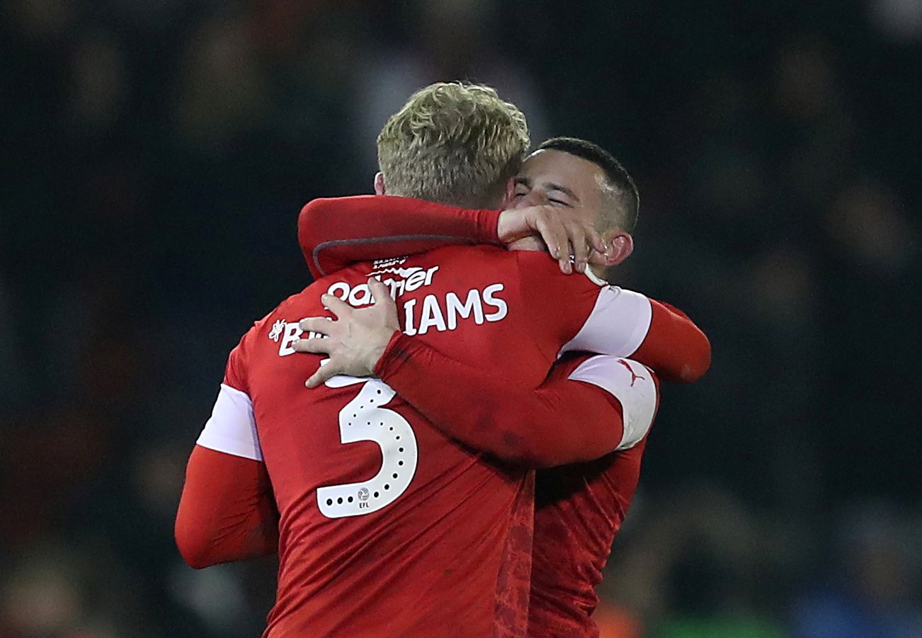 Soccer Football - Championship - Barnsley v Hull City - Oakwell, Barnsley, Britain - November 30, 2019   Barnsley's Ben Williams and Conor Chaplin celebrate at the end of the match   Action Images/John Clifton    EDITORIAL USE ONLY. No use with unauthorized audio, video, data, fixture lists, club/league logos or 