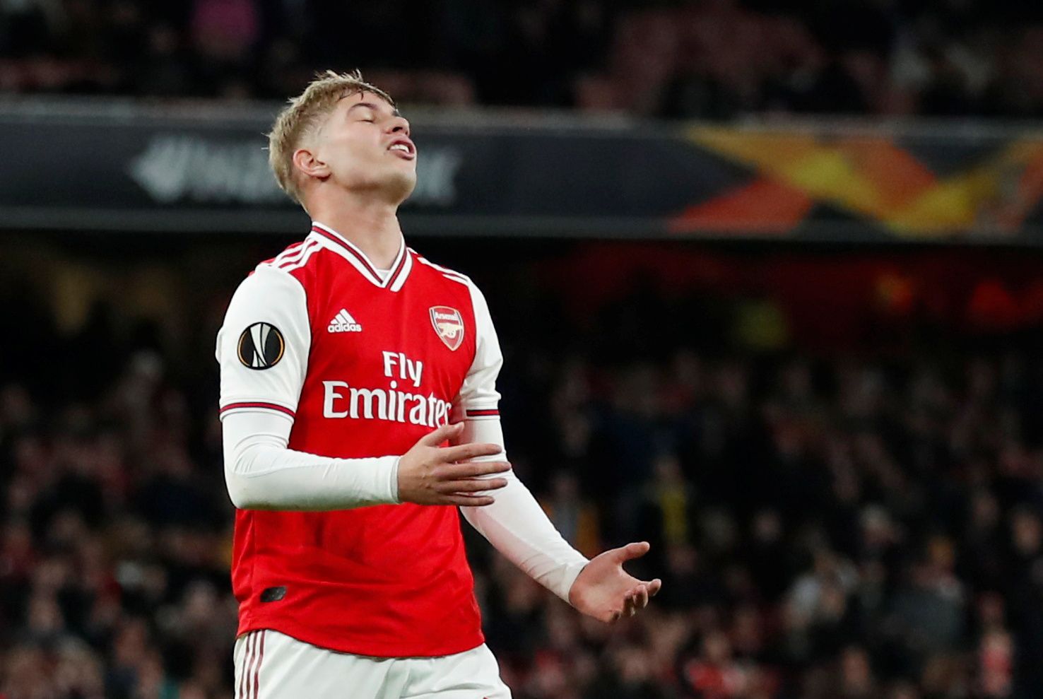 Soccer Football - Europa League - Group F - Arsenal v Vitoria S.C. - Emirates Stadium, London, Britain - October 24, 2019  Arsenal's Emile Smith Rowe reacts  Action Images via Reuters/Andrew Boyers