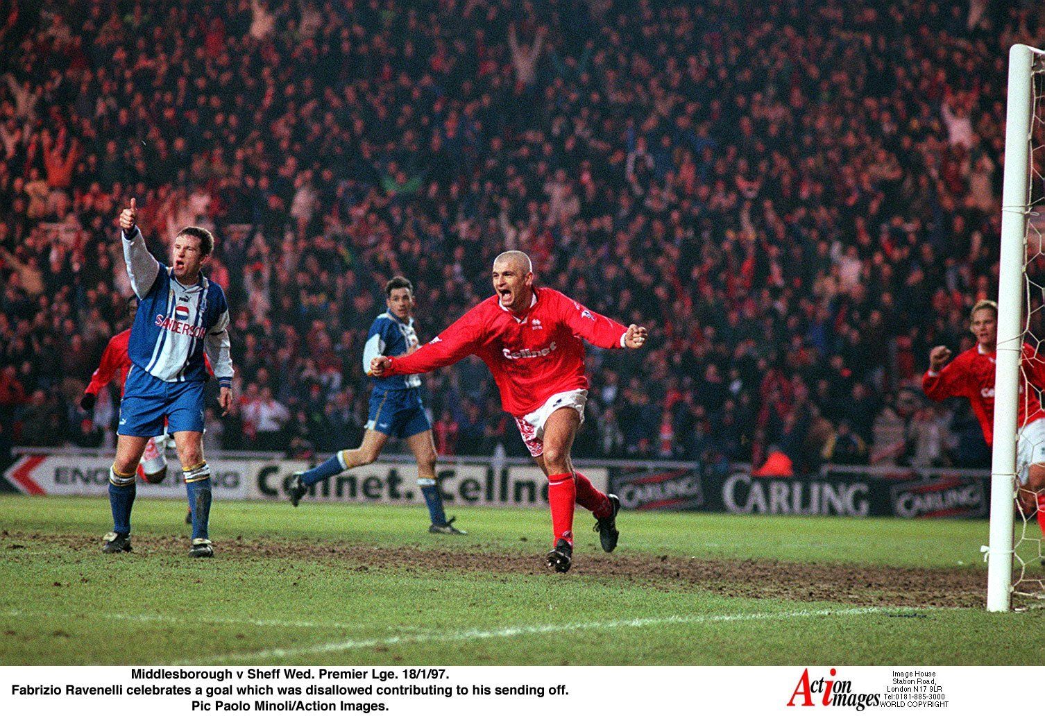 19 January 1997 - Premier League Football - Middlesbrough v Sheffield Wednesday - Fabrizio Ravenelli celkebrates a goal which was disallowed, leading to his sending off - Credit: Action Images / Paolo Minoli