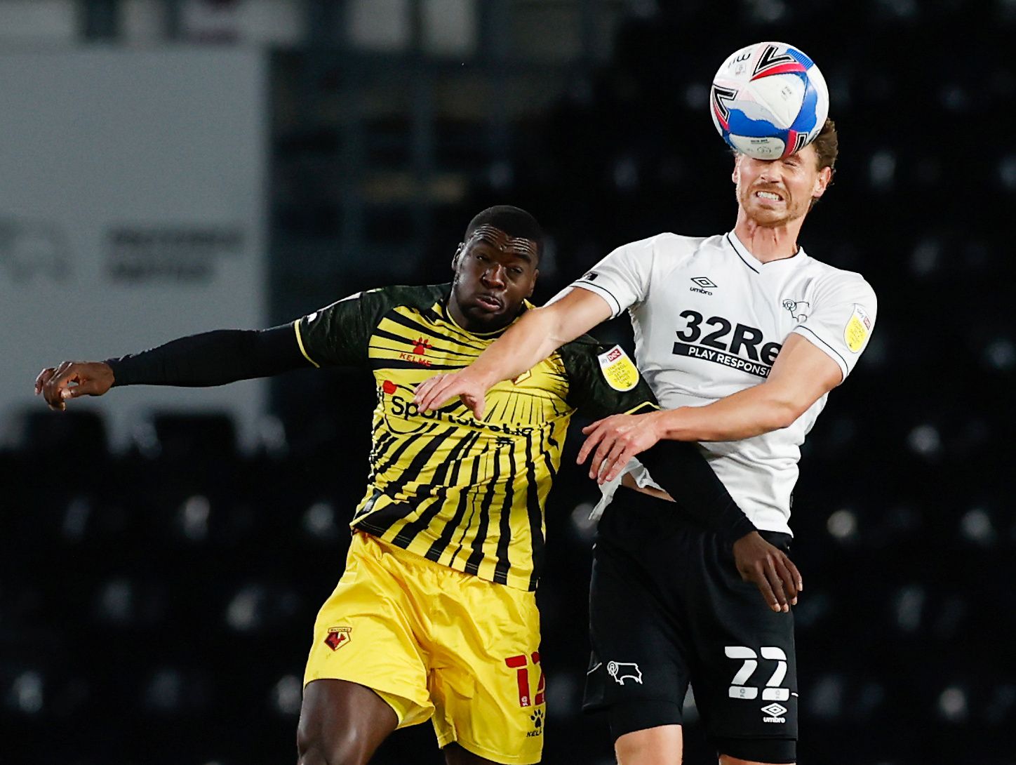 Soccer Football - Championship - Derby County v Watford - Pride Park, Derby, Britain - October 16, 2020  Watford's Ken Sema in action with Derby County's George Evans  Action Images/Jason Cairnduff  EDITORIAL USE ONLY. No use with unauthorized audio, video, data, fixture lists, club/league logos or 