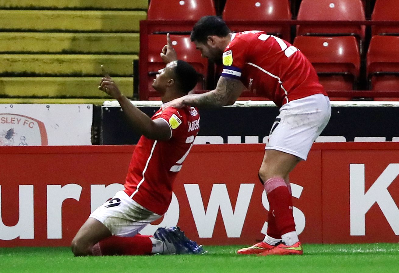 Soccer Football - Championship - Barnsley v Preston North End - Oakwell, Barnsley, Britain - December 15, 2020 Barnsley's Victor Adeboyejo celebrates after scoring their second goal Action Images/Molly Darlington EDITORIAL USE ONLY. No use with unauthorized audio, video, data, fixture lists, club/league logos or 'live' services. Online in-match use limited to 75 images, no video emulation. No use in betting, games or single club /league/player publications.  Please contact your account represent