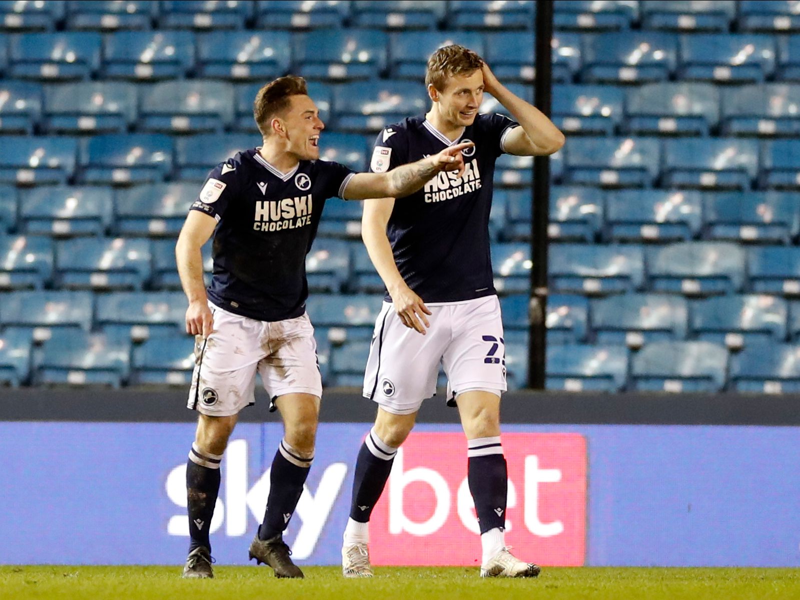 Soccer Football - Championship - Millwall v Birmingham City - The Den, London, Britain - February 17, 2021 Millwall's Ben Thompson celebrates scoring their second goal Action Images/Paul Childs EDITORIAL USE ONLY. No use with unauthorized audio, video, data, fixture lists, club/league logos or 'live' services. Online in-match use limited to 75 images, no video emulation. No use in betting, games or single club /league/player publications.  Please contact your account representative for further d