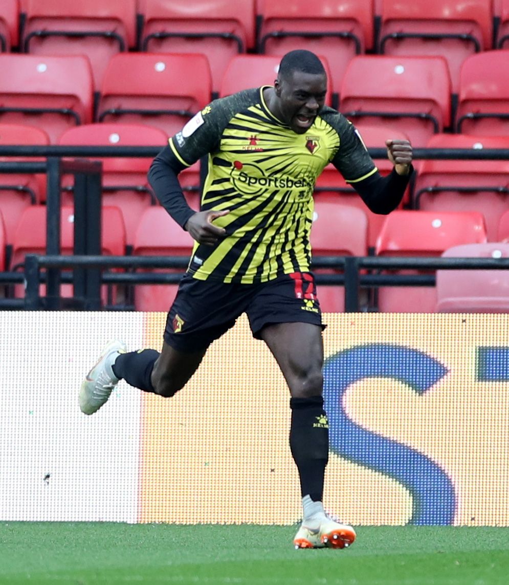 Soccer Football - Championship - Watford v Birmingham City - Vicarage Road, Watford, Britain - March 20, 2021 Watford’s Ken Sema celebrates scoring their first goal Action Images/Peter Cziborra EDITORIAL USE ONLY. No use with unauthorized audio, video, data, fixture lists, club/league logos or 'live' services. Online in-match use limited to 75 images, no video emulation. No use in betting, games or single club /league/player publications.  Please contact your account representative for further d