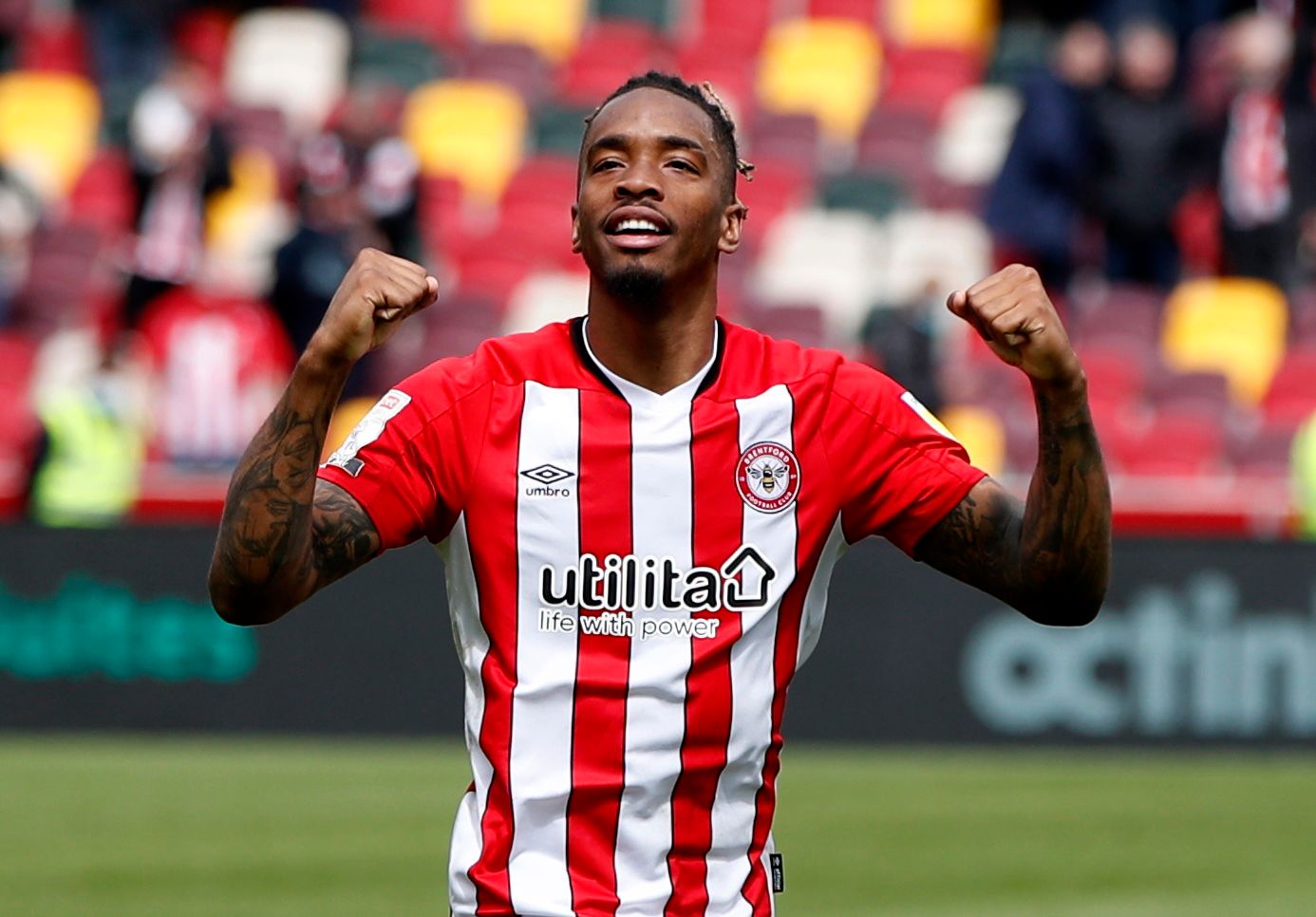 Soccer Football - Championship Play-Off Semi Final Second Leg - Brentford v AFC Bournemouth - Brentford Community Stadium, London, Britain - May 22, 2021 Brentford's Ivan Toney celebrates after the match Action Images via Reuters/Paul Childs EDITORIAL USE ONLY. No use with unauthorized audio, video, data, fixture lists, club/league logos or 'live' services. Online in-match use limited to 75 images, no video emulation. No use in betting, games or single club /league/player publications.  Please c