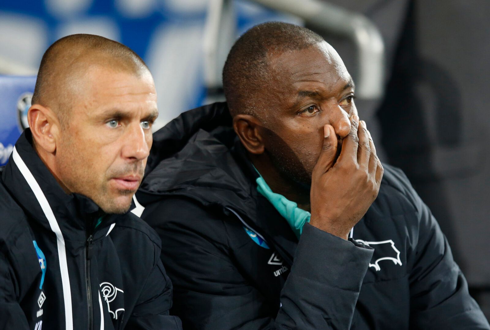 Britain Soccer Football - Cardiff City v Derby County - Sky Bet Championship - Cardiff City Stadium - 27/9/16
Derby's Caretaker Manager Chris Powell with coach Kevin Phillips (L)
Mandatory Credit: Action Images / Paul Childs
Livepic
EDITORIAL USE ONLY. No use with unauthorized audio, video, data, fixture lists, club/league logos or 