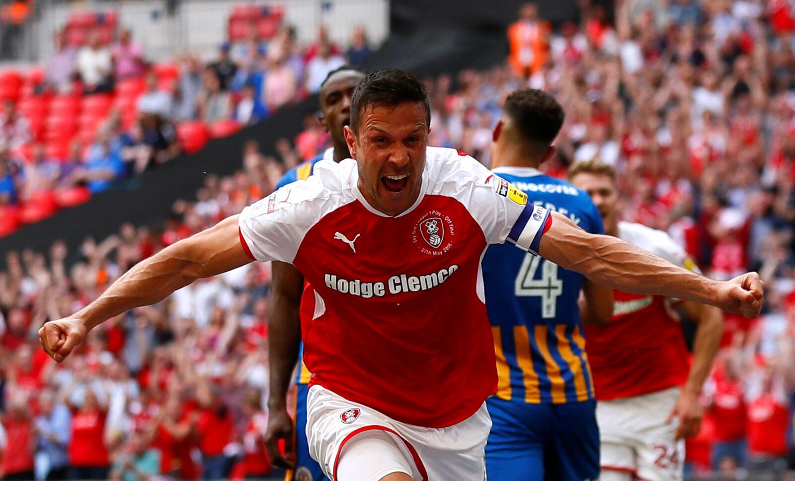 Soccer Football - League One Play-Off Final - Rotherham United v Shrewsbury Town - Wembley Stadium, London, Britain - May 27, 2018   Rotherham's Richard Wood celebrates scoring their first goal    Action Images/Jason Cairnduff    EDITORIAL USE ONLY. No use with unauthorized audio, video, data, fixture lists, club/league logos or 