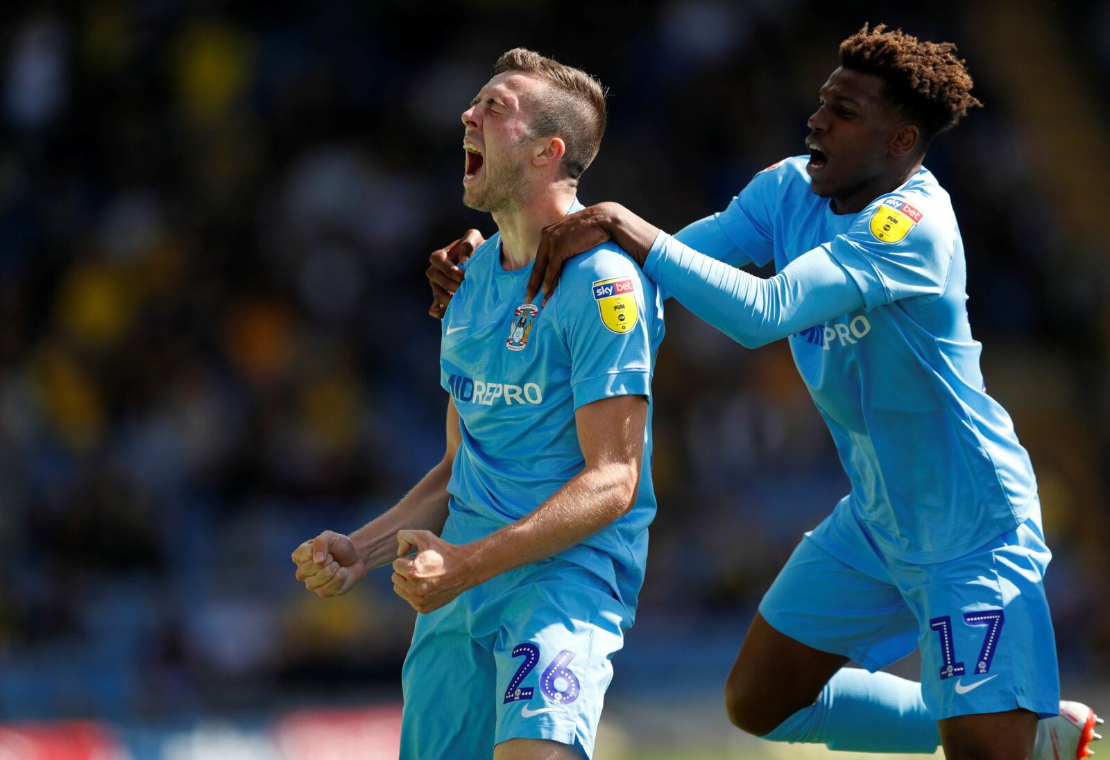 Soccer Football - League One - Oxford United v Coventry City - Kassam Stadium, Oxford, Britain - September 9, 2018   Coventry's Jordan Shipley celebrates scoring their first goal with Dujon Sterling    Action Images/Andrew Boyers    EDITORIAL USE ONLY. No use with unauthorized audio, video, data, fixture lists, club/league logos or 