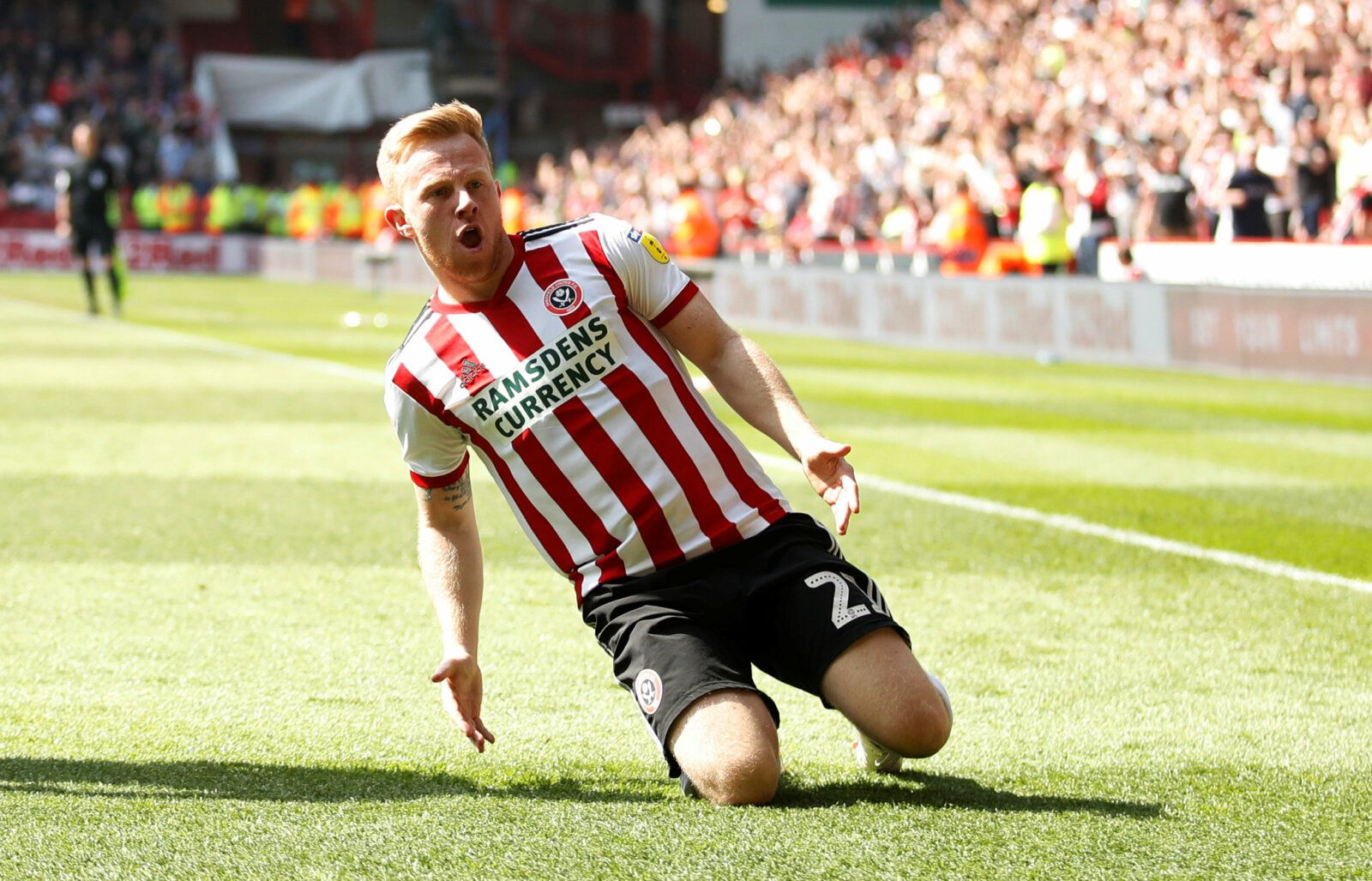 Soccer Football - Championship - Sheffield United v Nottingham Forest - Bramall Lane, Sheffield, Britain - April 19, 2019   Sheffield United's Mark Duffy celebrates scoring their first goal    Action Images/Carl Recine    EDITORIAL USE ONLY. No use with unauthorized audio, video, data, fixture lists, club/league logos or 