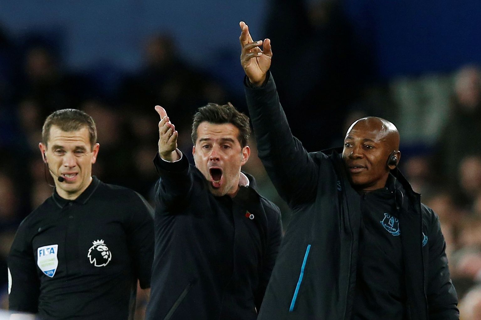 Soccer Football - Premier League - Everton v Tottenham Hotspur - Goodison Park, Liverpool, Britain - November 3, 2019  Everton manager Marco Silva and assistant manager Luis Boa Morte react  REUTERS/Andrew Yates  EDITORIAL USE ONLY. No use with unauthorized audio, video, data, fixture lists, club/league logos or 