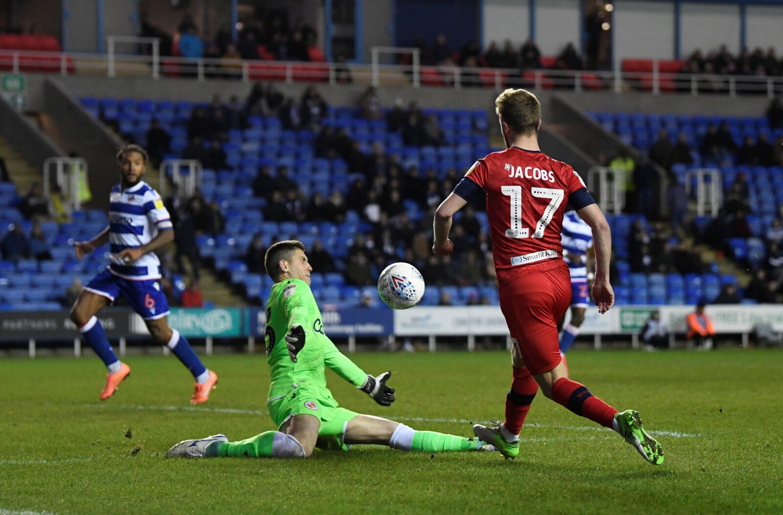 Soccer Football - Championship - Reading v Wigan Athletic - Madejski Stadium, Reading, Britain - February 26, 2020  Wigan's Michael Jacobs scores their third goal  Action Images/Tony O'Brien  EDITORIAL USE ONLY. No use with unauthorized audio, video, data, fixture lists, club/league logos or 