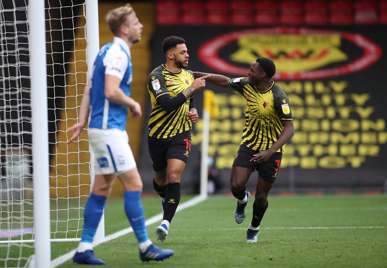 Soccer Football - Championship - Watford v Birmingham City - Vicarage Road, Watford, Britain - March 20, 2021 Watford’s Andre Gray celebrates scoring their third goal Action Images/Peter Cziborra EDITORIAL USE ONLY. No use with unauthorized audio, video, data, fixture lists, club/league logos or 'live' services. Online in-match use limited to 75 images, no video emulation. No use in betting, games or single club /league/player publications.  Please contact your account representative for further