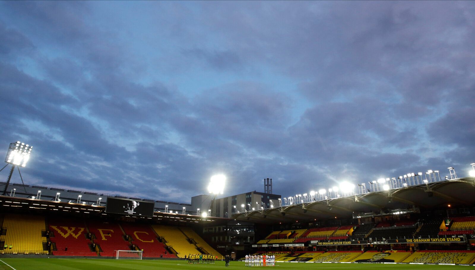 Soccer Football - Championship - Watford v Reading - Vicarage Road, Watford, Britain - April 9, 2021 General view of players during a minute's silence after Britain's Prince Philip, husband of Queen Elizabeth, died at the age of 99 Action Images via Reuters/Paul Childs EDITORIAL USE ONLY. No use with unauthorized audio, video, data, fixture lists, club/league logos or 'live' services. Online in-match use limited to 75 images, no video emulation. No use in betting, games or single club /league/pl