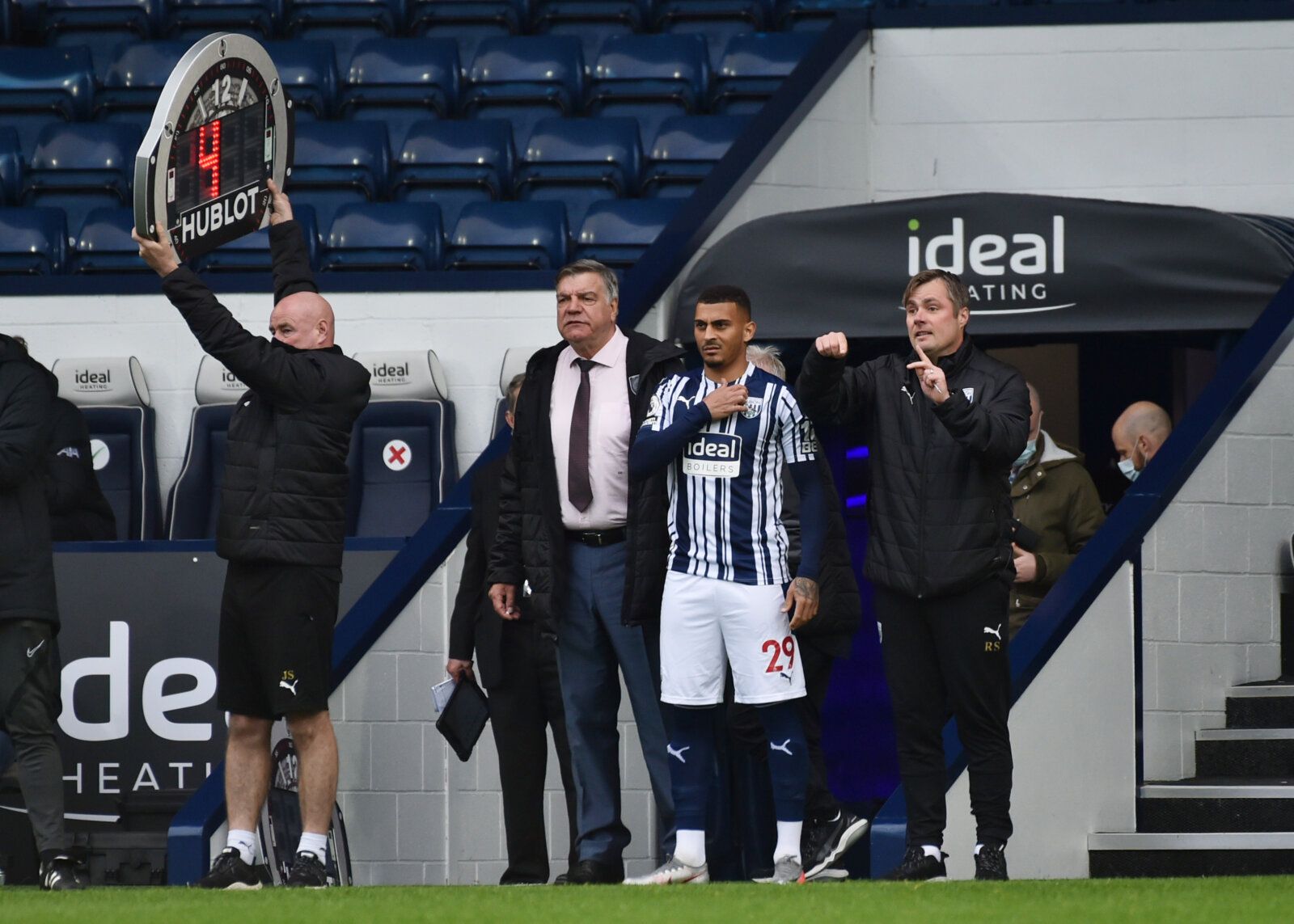 Soccer Football - Premier League - West Bromwich Albion v Liverpool - The Hawthorns, West Bromwich, Britain - May 16, 2021 West Bromwich Albion's Karlan Grant and manager Sam Allardyce Pool via REUTERS/Rui Vieira EDITORIAL USE ONLY. No use with unauthorized audio, video, data, fixture lists, club/league logos or 'live' services. Online in-match use limited to 75 images, no video emulation. No use in betting, games or single club /league/player publications.  Please contact your account represent