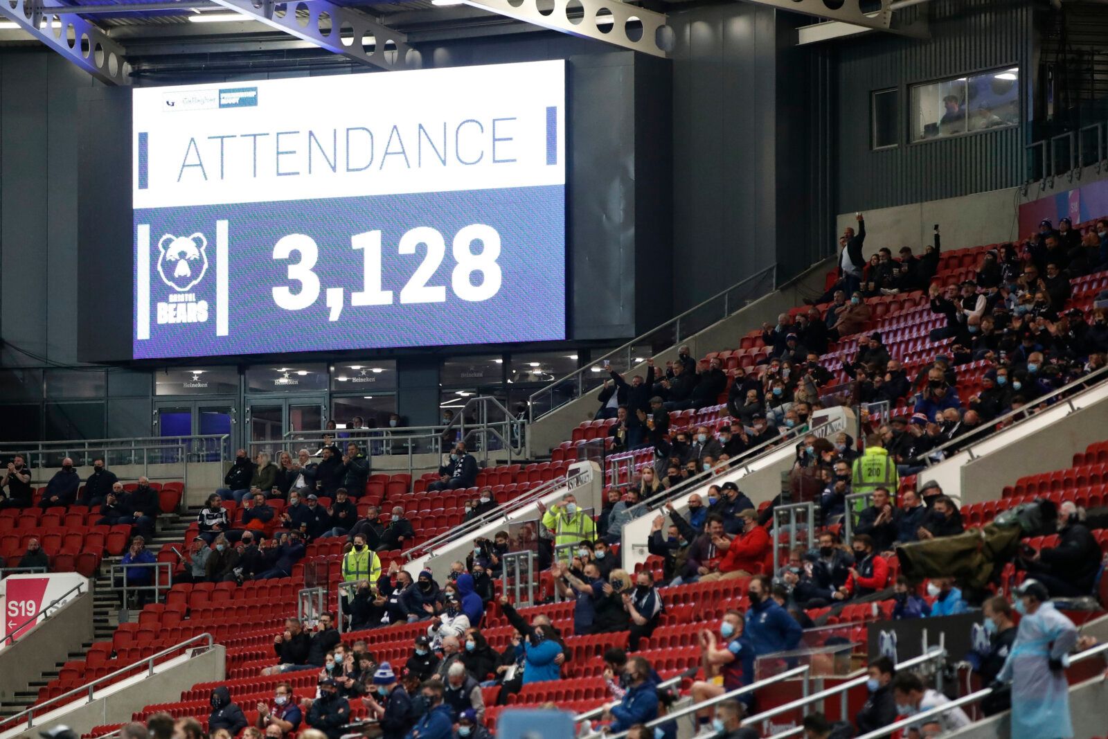 Rugby Union - Premiership - Bristol Bears v Gloucester Rugby - Ashton Gate Stadium, Bristol, Britain - May 17, 2021 Big screen shows attendance as a limited number of fans are permitted at outdoor sports venues Action Images via Reuters/Paul Childs