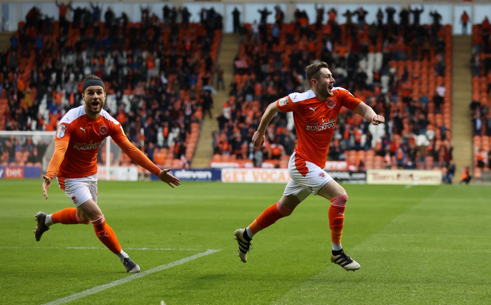 Soccer Football - League One Play-Off Semi Final Second Leg - Blackpool v Oxford United - Bloomfield Road Stadium, Blackpool, Britain - May 21, 2021 Blackpool's Eliot Embleton celebrates scoring their first goal Action Images/Molly Darlington EDITORIAL USE ONLY. No use with unauthorized audio, video, data, fixture lists, club/league logos or 'live' services. Online in-match use limited to 75 images, no video emulation. No use in betting, games or single club /league/player publications.  Please 