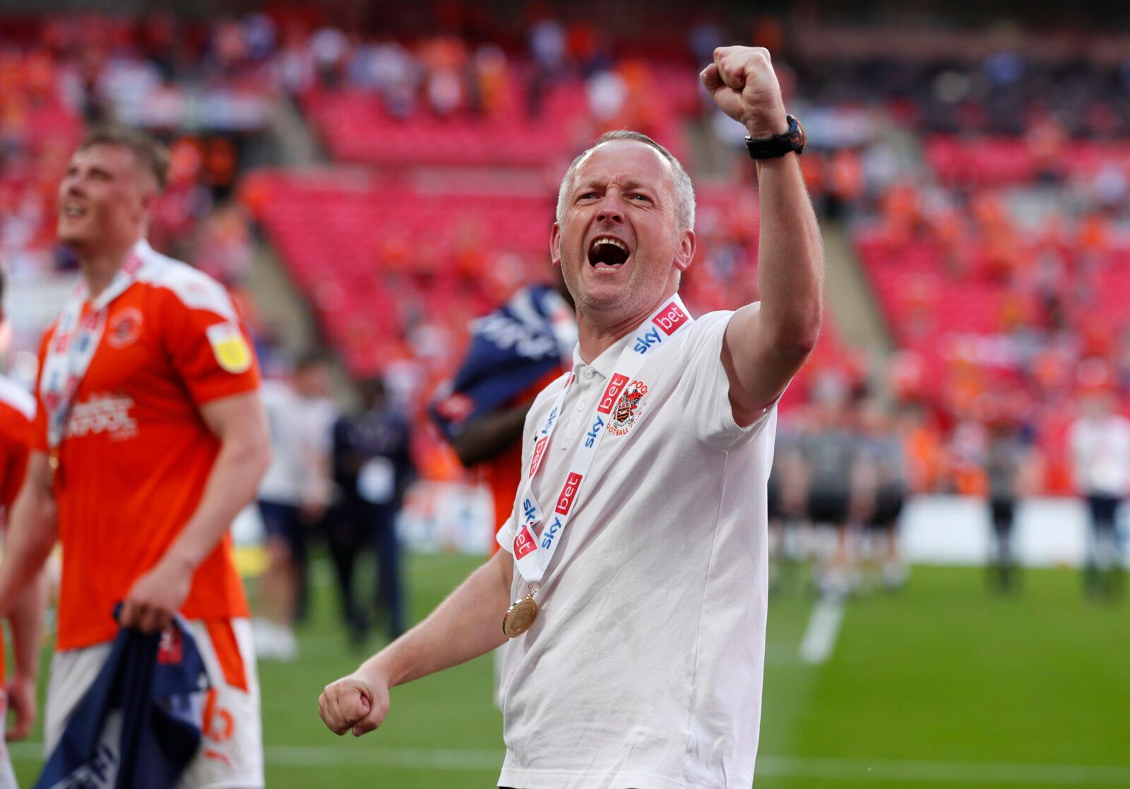 Soccer Football - League One Play-Off Final - Blackpool v Lincoln City - Wembley Stadium, London, Britain - May 30, 2021 Blackpool manager Neil Critchley celebrates after winning the League One Play-Off Final Action Images/Lee Smith EDITORIAL USE ONLY. No use with unauthorized audio, video, data, fixture lists, club/league logos or 'live' services. Online in-match use limited to 75 images, no video emulation. No use in betting, games or single club /league/player publications.  Please contact yo