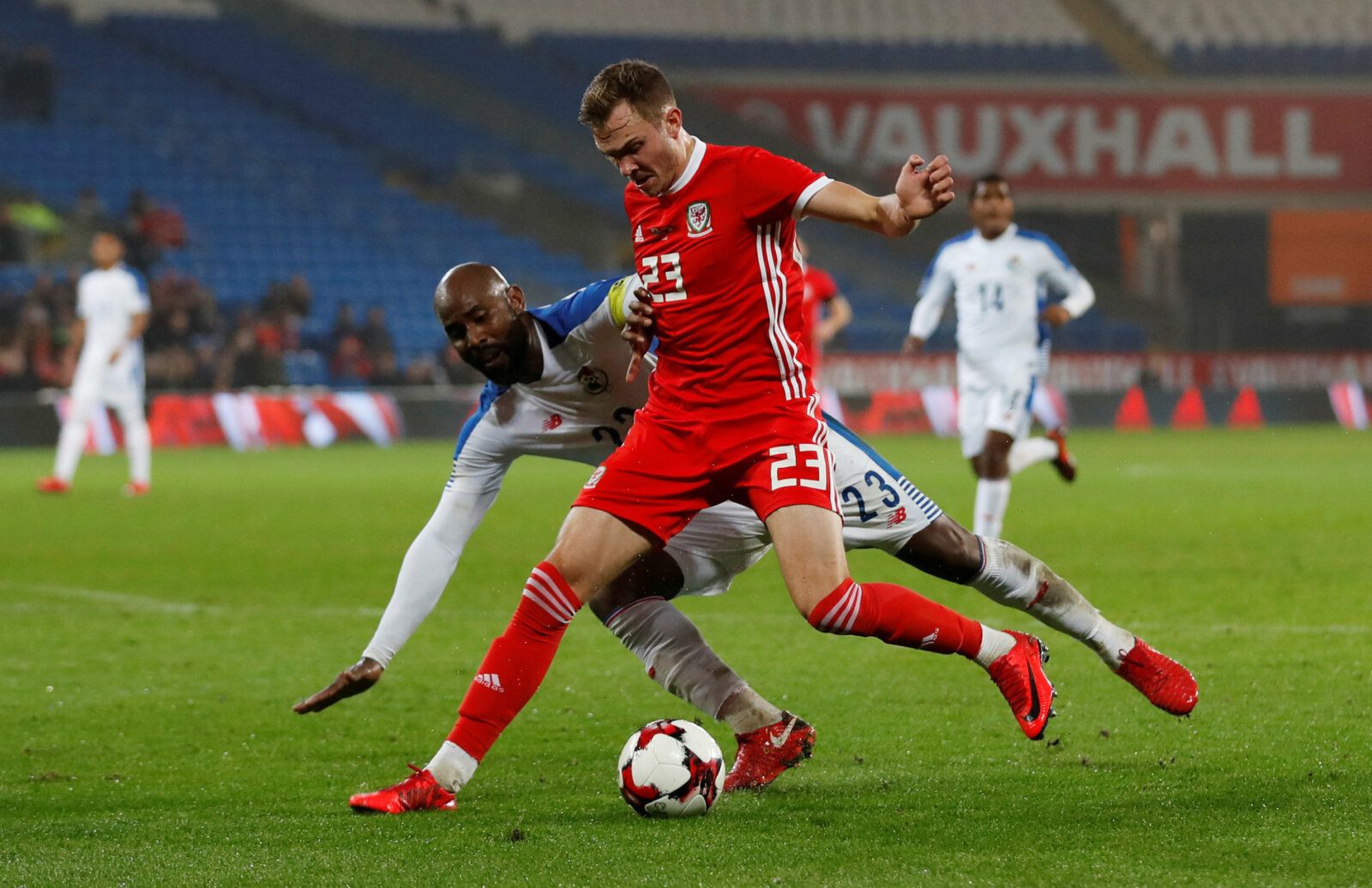 Soccer Football - International Friendly - Wales vs Panama - Cardiff City Stadium, Cardiff, Britain - November 14, 2017   Wales’ Ryan Hedges in action with Panama’s Felipe Baloy             Action Images via Reuters/Matthew Childs