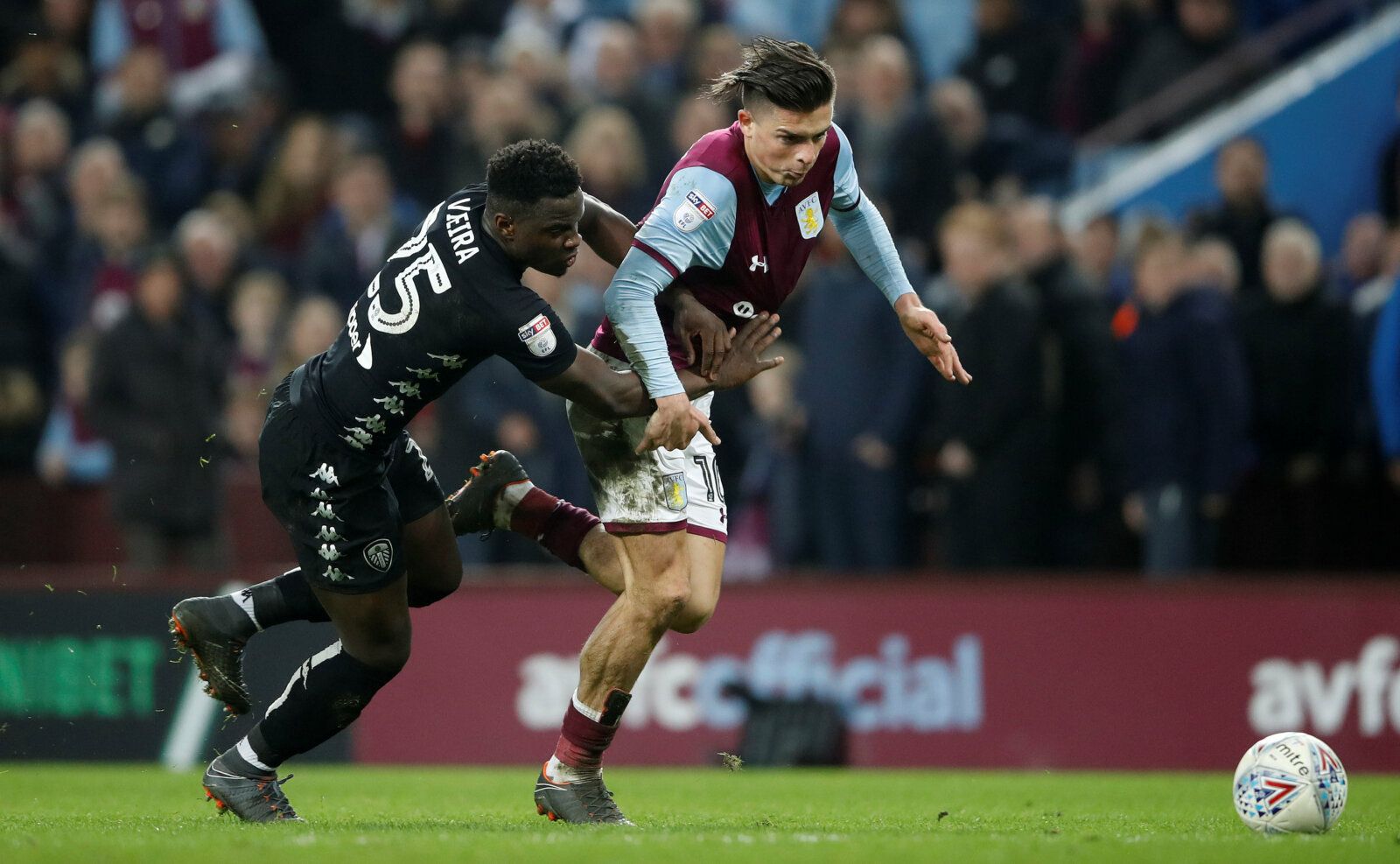 Soccer Football - Championship - Aston Villa vs Leeds United - Villa Park, Birmingham, Britain - April 13, 2018   Aston Villa's Jack Grealish in action with Leeds United's Ronaldo Vieira   Action Images/Carl Recine    EDITORIAL USE ONLY. No use with unauthorized audio, video, data, fixture lists, club/league logos or 