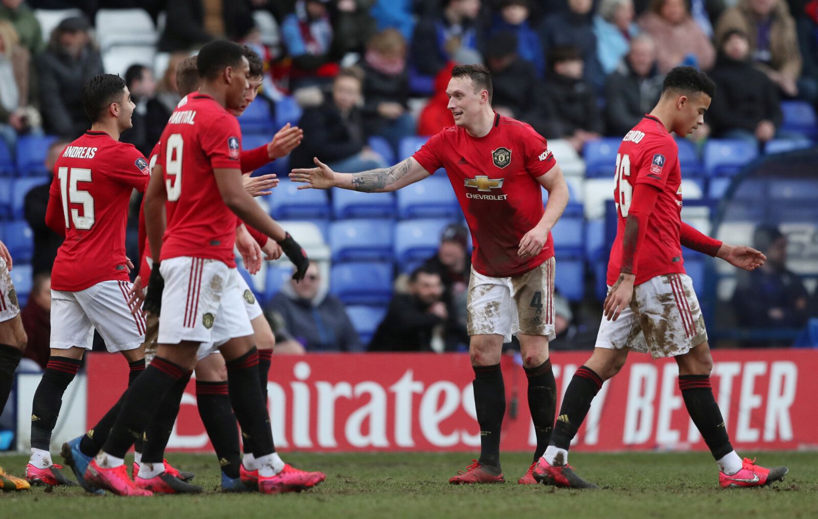 Soccer Football -  FA Cup Fourth Round - Tranmere Rovers v Manchester United - Prenton Park, Birkenhead, Britain - January 26, 2020  Manchester United's Phil Jones celebrates scoring their fourth goal with teammates  REUTERS/Scott Heppell