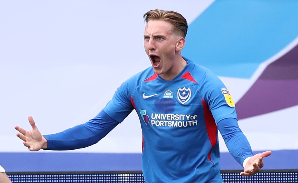 Soccer Football - League One - Play Off Semi Final First Leg - Portsmouth v Oxford - Fratton Park, Portsmouth, Britain - July 3, 2020  Portsmouth's Ronan Curtis celebrates scoring their first goal, as play resumes behind closed doors following the outbreak of the coronavirus disease (COVID-19)   Action Images/Peter Cziborra    EDITORIAL USE ONLY. No use with unauthorized audio, video, data, fixture lists, club/league logos or 
