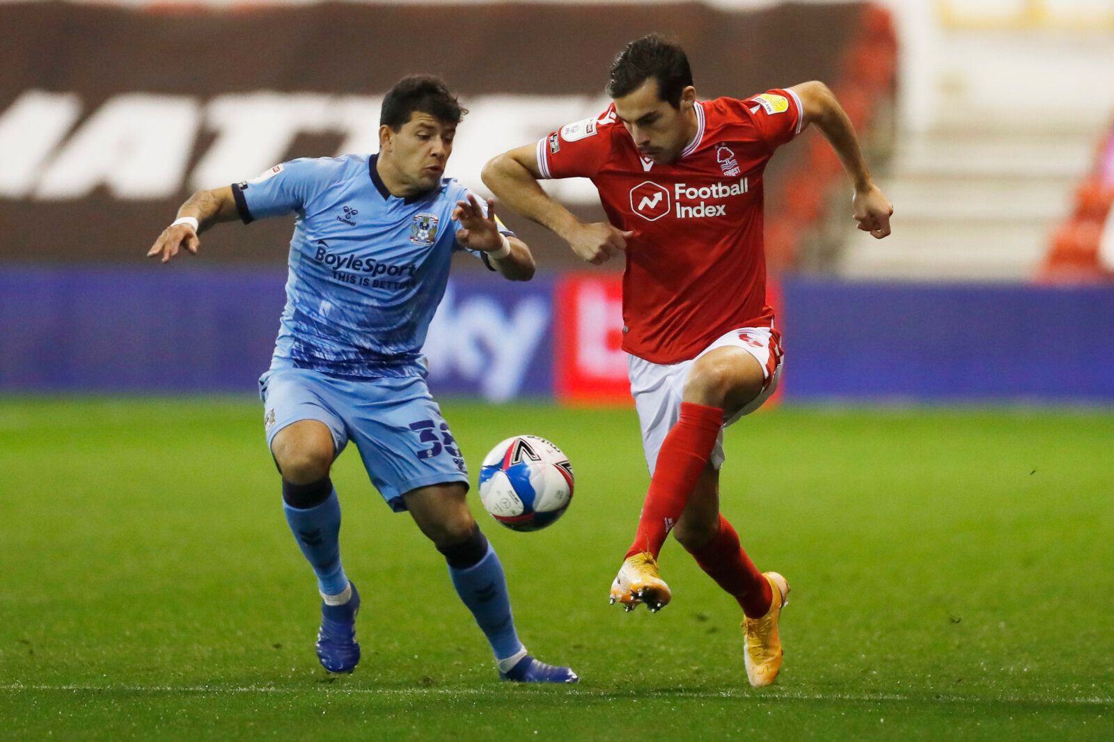 Soccer Football - Championship - Nottingham Forest v Coventry City - The City Ground, Nottingham, Britain - November 4, 2020 Nottingham Forest's Yuri Ribeiro in action with Coventry City's Gustavo Hamer Action Images/Matthew Childs EDITORIAL USE ONLY. No use with unauthorized audio, video, data, fixture lists, club/league logos or 'live' services. Online in-match use limited to 75 images, no video emulation. No use in betting, games or single club /league/player publications.  Please contact you