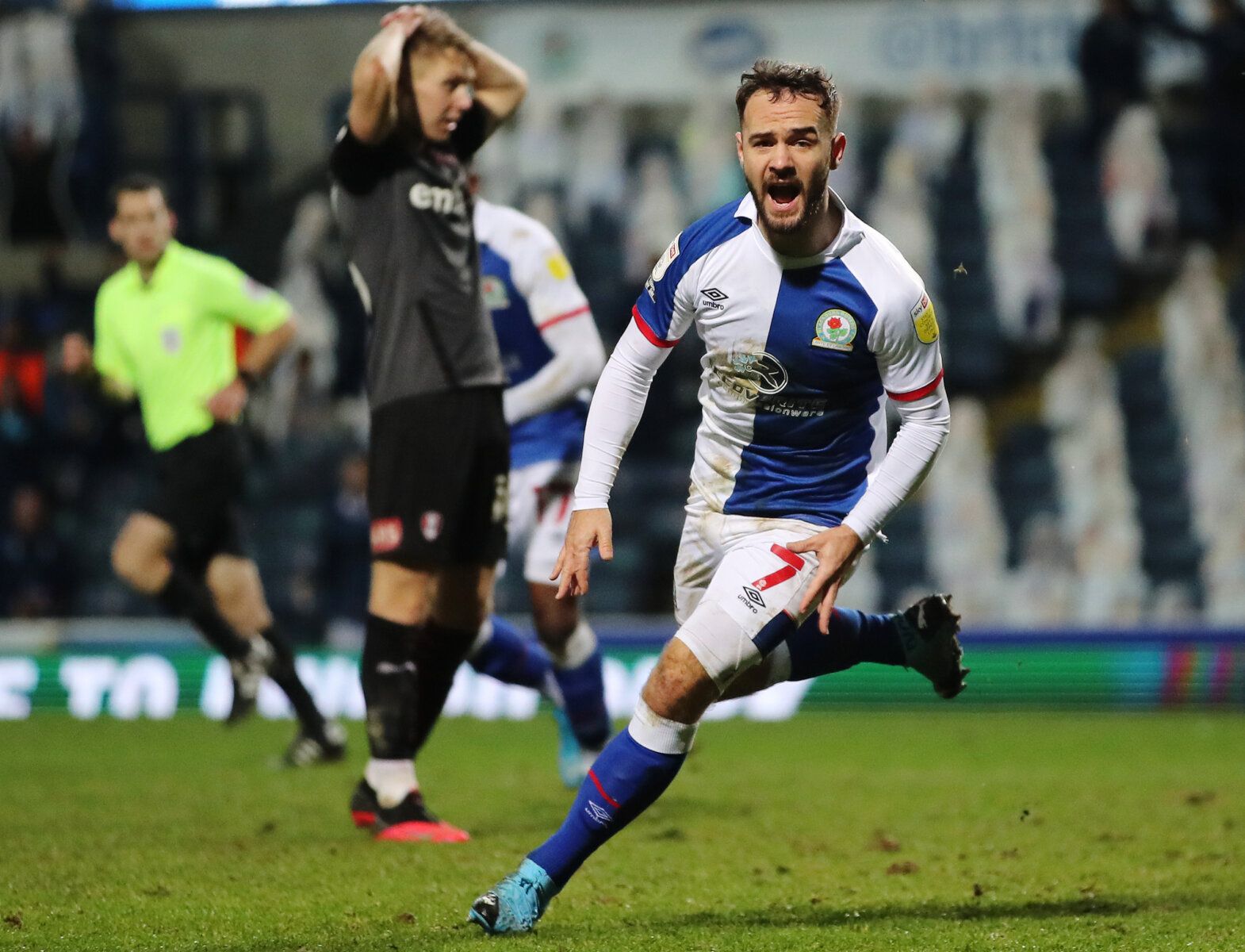 Soccer Football - Championship - Blackburn Rovers v Rotherham United - Ewood Park, Blackburn, Britain - December 16, 2020 Blackburn Rovers' Adam Armstrong celebrates scoring their second goal Action Images/Molly Darlington EDITORIAL USE ONLY. No use with unauthorized audio, video, data, fixture lists, club/league logos or 'live' services. Online in-match use limited to 75 images, no video emulation. No use in betting, games or single club /league/player publications.  Please contact your account