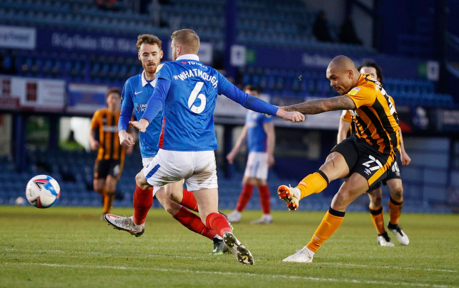 Soccer Football - League One - Portsmouth v Hull City - Fratton Park, Portsmouth, Britain - January 23, 2021 Hull City's Josh Magennis scores their fourth goal Action Images/John Sibley EDITORIAL USE ONLY. No use with unauthorized audio, video, data, fixture lists, club/league logos or 'live' services. Online in-match use limited to 75 images, no video emulation. No use in betting, games or single club /league/player publications.  Please contact your account representative for further details.
