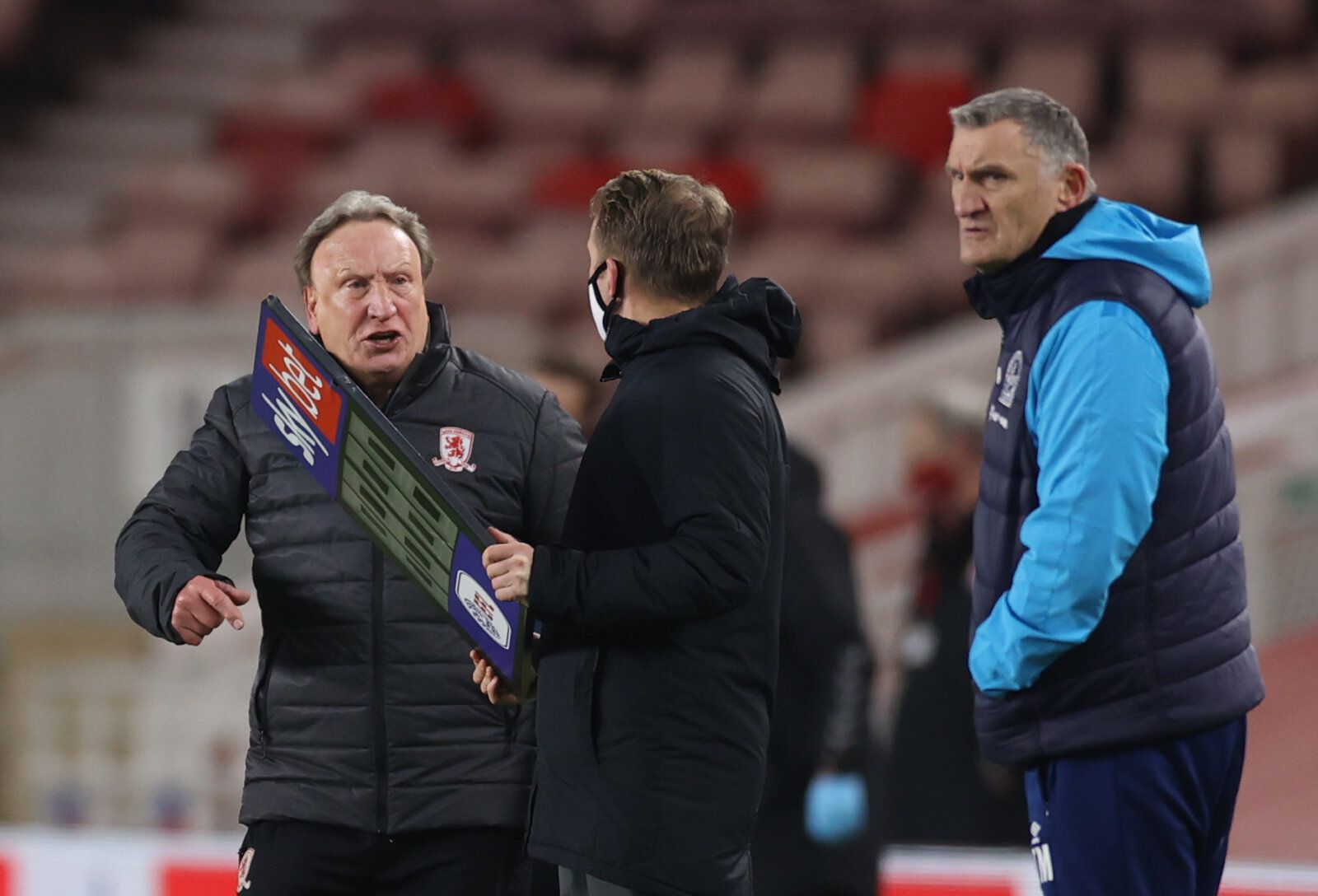 Soccer Football - Championship - Middlesbrough v Blackburn Rovers - Riverside Stadium, Middlesbrough, Britain - January 24, 2021 Middlesbrough manager Neil Warnock remonstrates with the fourth official alongside Blackburn Rovers manager Tony Mowbray Action Images/Lee Smith
