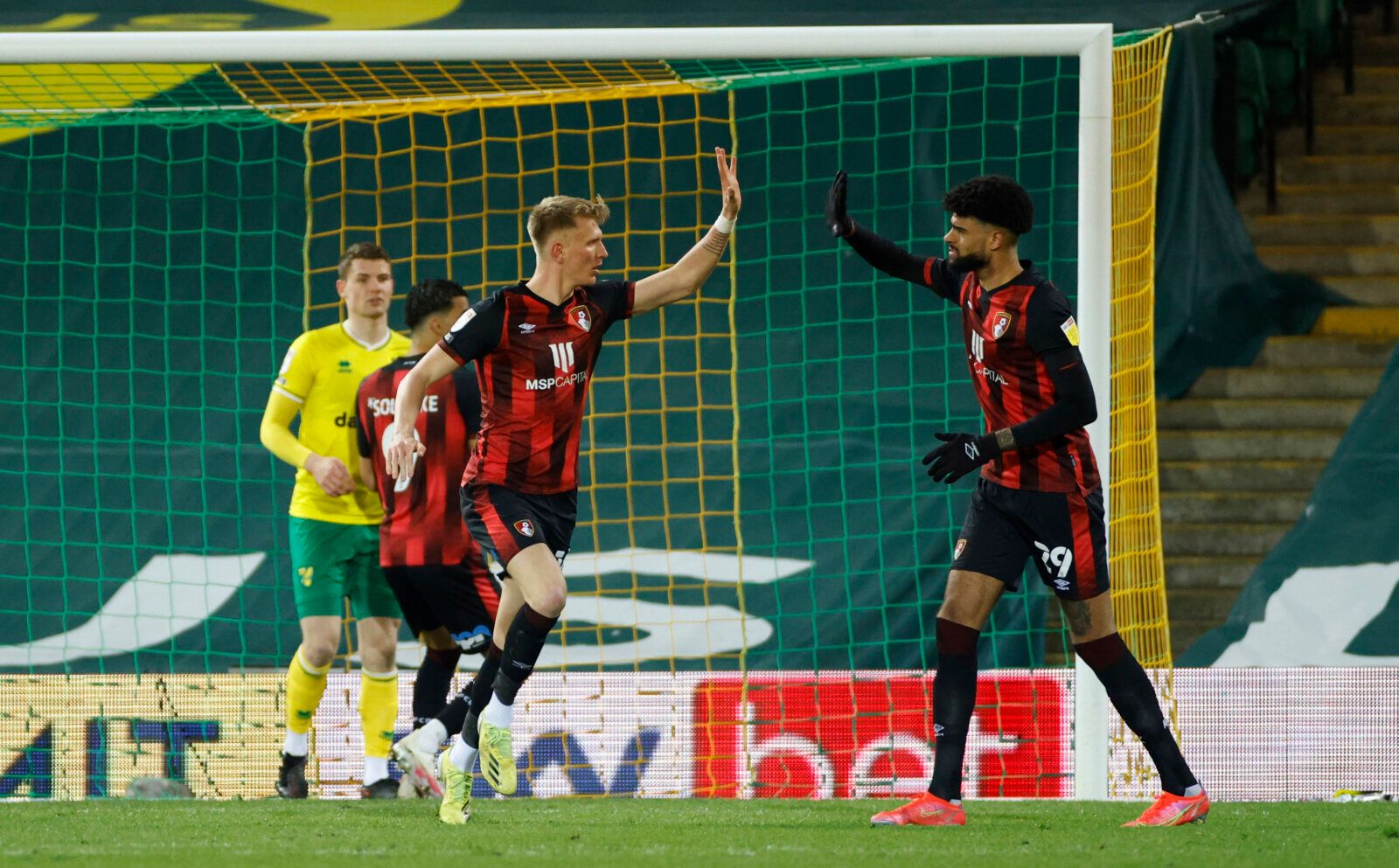 Soccer Football - Championship - Norwich City v AFC Bournemouth - Carrow Road, Norwich, Britain - April 17, 2021 AFC Bournemouth’s Sam Surridge celebrates after scoring their first goalAction Images /John Sibley EDITORIAL USE ONLY. No use with unauthorized audio, video, data, fixture lists, club/league logos or 'live' services. Online in-match use limited to 75 images, no video emulation. No use in betting, games or single club /league/player publications.  Please contact your account representa