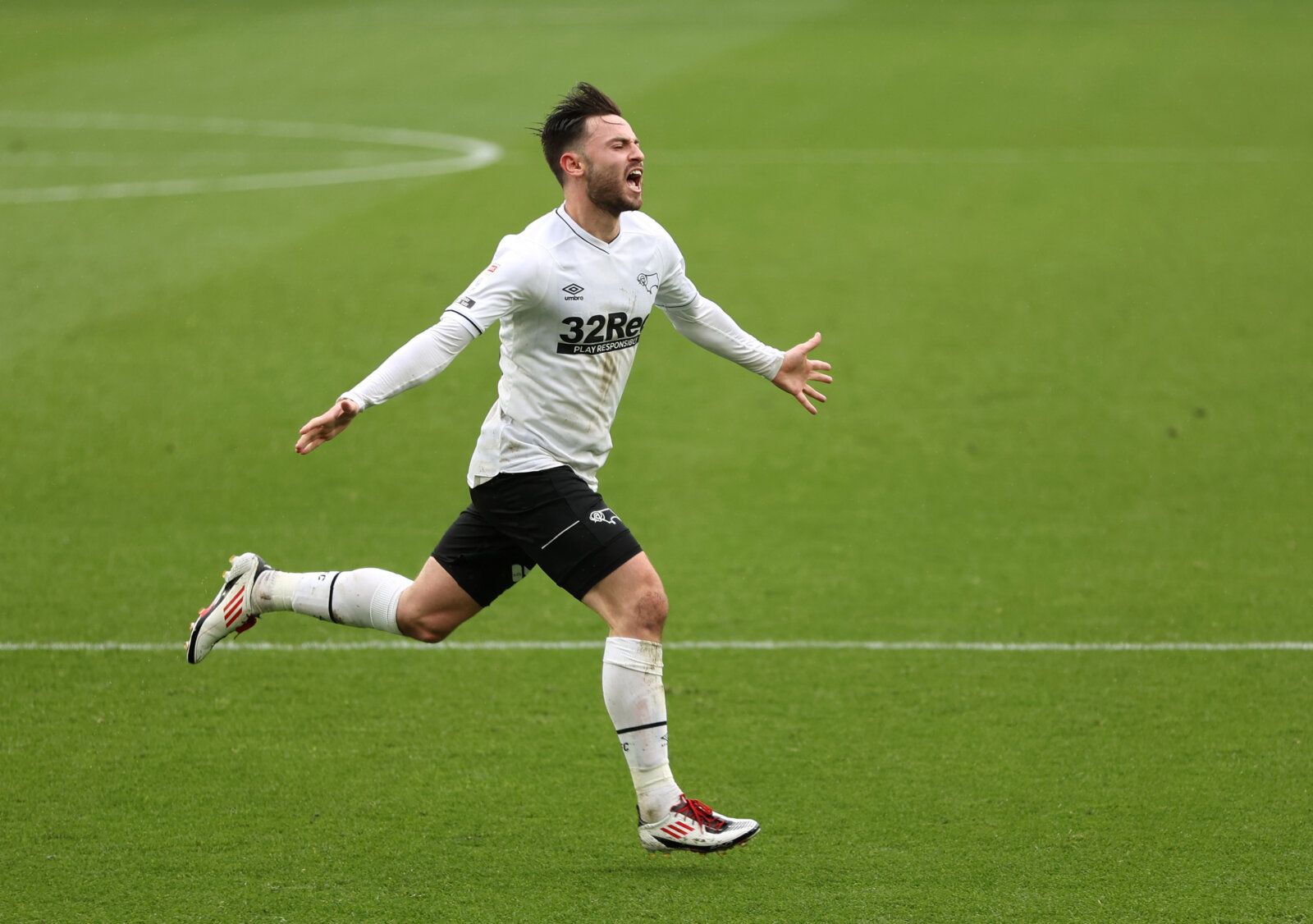 Soccer Football - Championship - Derby County v Sheffield Wednesday - Pride Park, Derby, Britain - May 8, 2021 Derby County's Patrick Roberts celebrates after scoring their second goal Action Images/Molly Darlington EDITORIAL USE ONLY. No use with unauthorized audio, video, data, fixture lists, club/league logos or 'live' services. Online in-match use limited to 75 images, no video emulation. No use in betting, games or single club /league/player publications.  Please contact your account repres