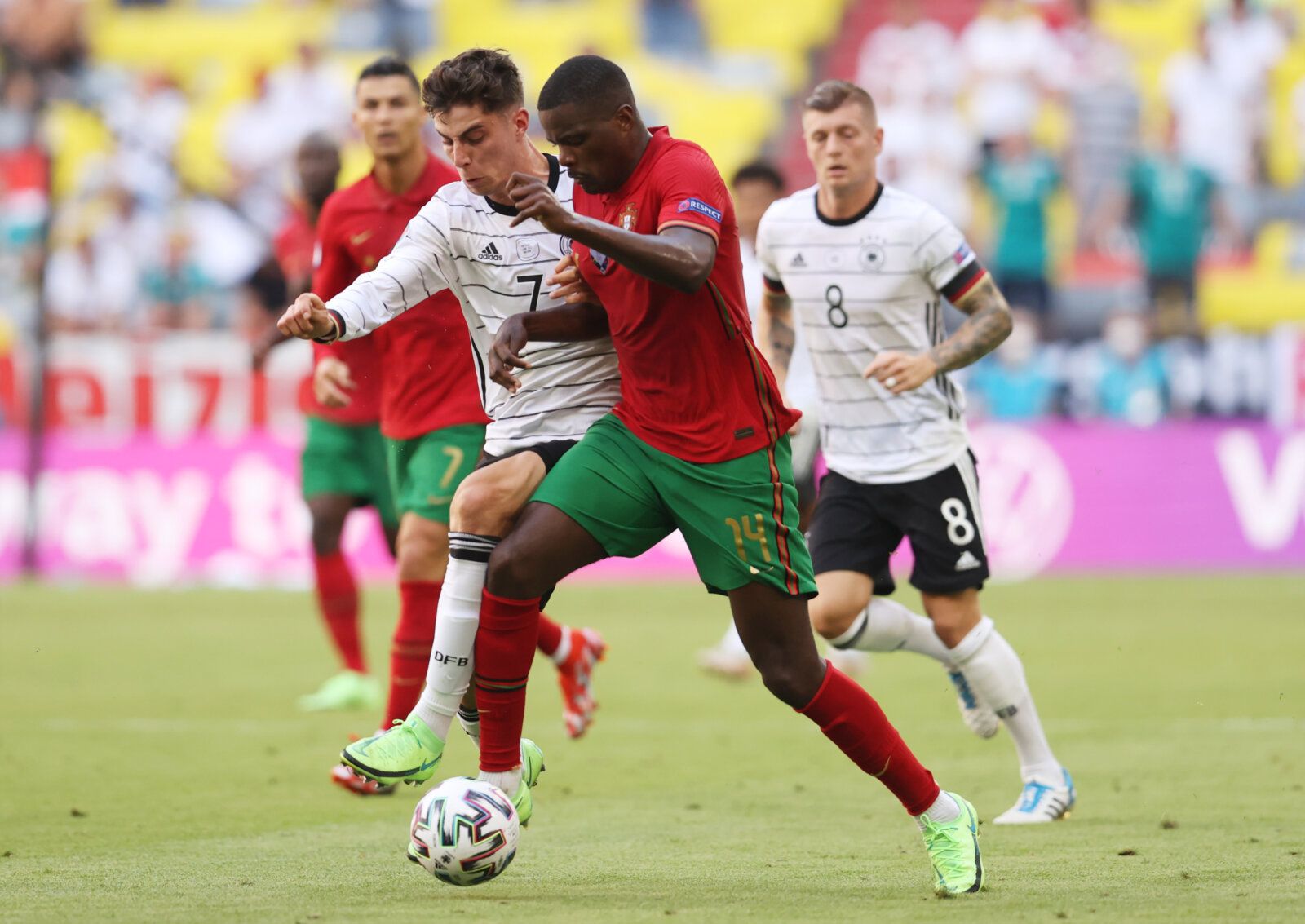 Soccer Football - Euro 2020 - Group F - Portugal v Germany - Football Arena Munich, Munich, Germany - June 19, 2021 Portugal's William Carvalho in action with Germany's Kai Havertz Pool via REUTERS/Alexander Hassenstein
