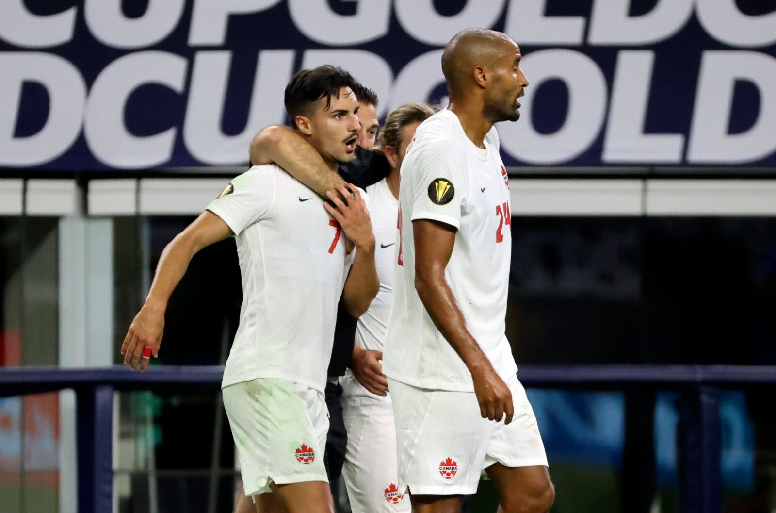 Jul 25, 2021; Arlington, Texas, USA; Canada midfielder Stephen Eustaquio (7) celebrates with teammates after the match against Costa Rica in a CONCACAF Gold Cup quarterfinal soccer match at AT&amp;T Stadium. Mandatory Credit: Kevin Jairaj-USA TODAY Sports