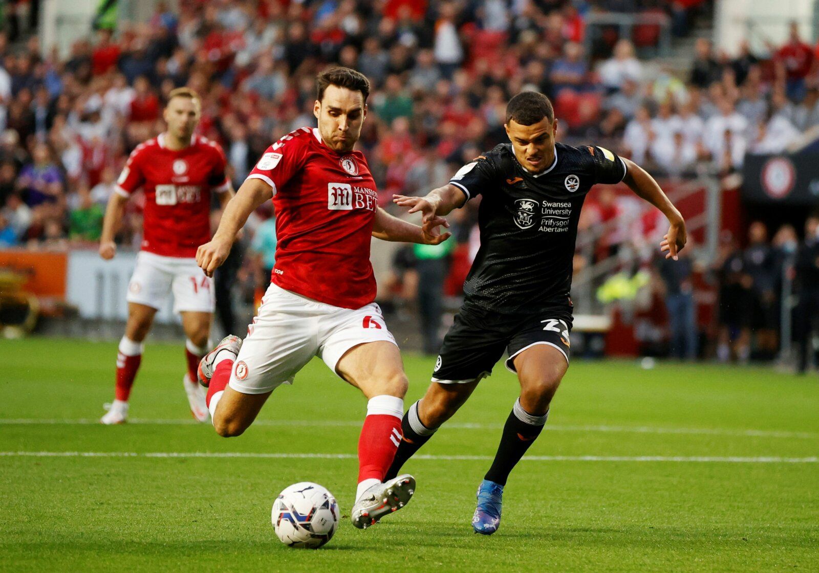 Soccer Football - Championship - Bristol City v Swansea City - Ashton Gate Stadium, Bristol, Britain - August 20, 2021  Bristol City's Matty James in action with Swansea City's Joel Latibeaudiere  Action Images/John Sibley  EDITORIAL USE ONLY. No use with unauthorized audio, video, data, fixture lists, club/league logos or 