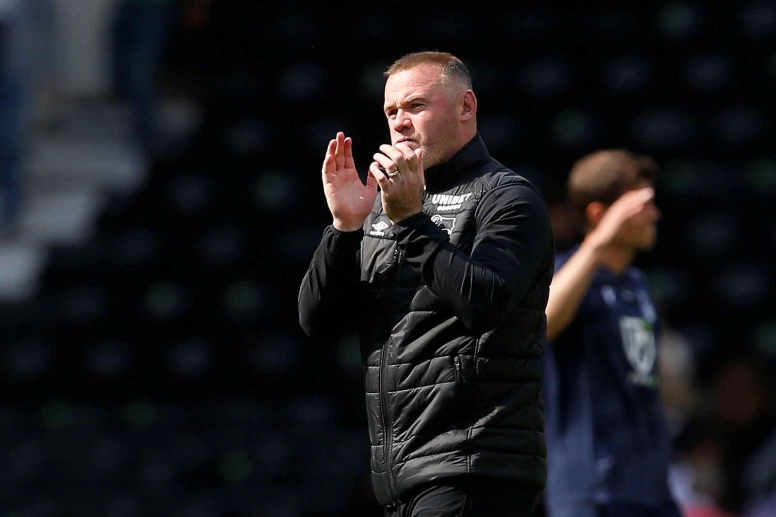 Soccer Football - Championship - Derby County v Nottingham Forest - Pride Park, Derby, Britain - August 28, 2021  Derby County Manager Wayne Rooney applauds fans after the match    Action Images/Craig Brough    EDITORIAL USE ONLY. No use with unauthorized audio, video, data, fixture lists, club/league logos or 