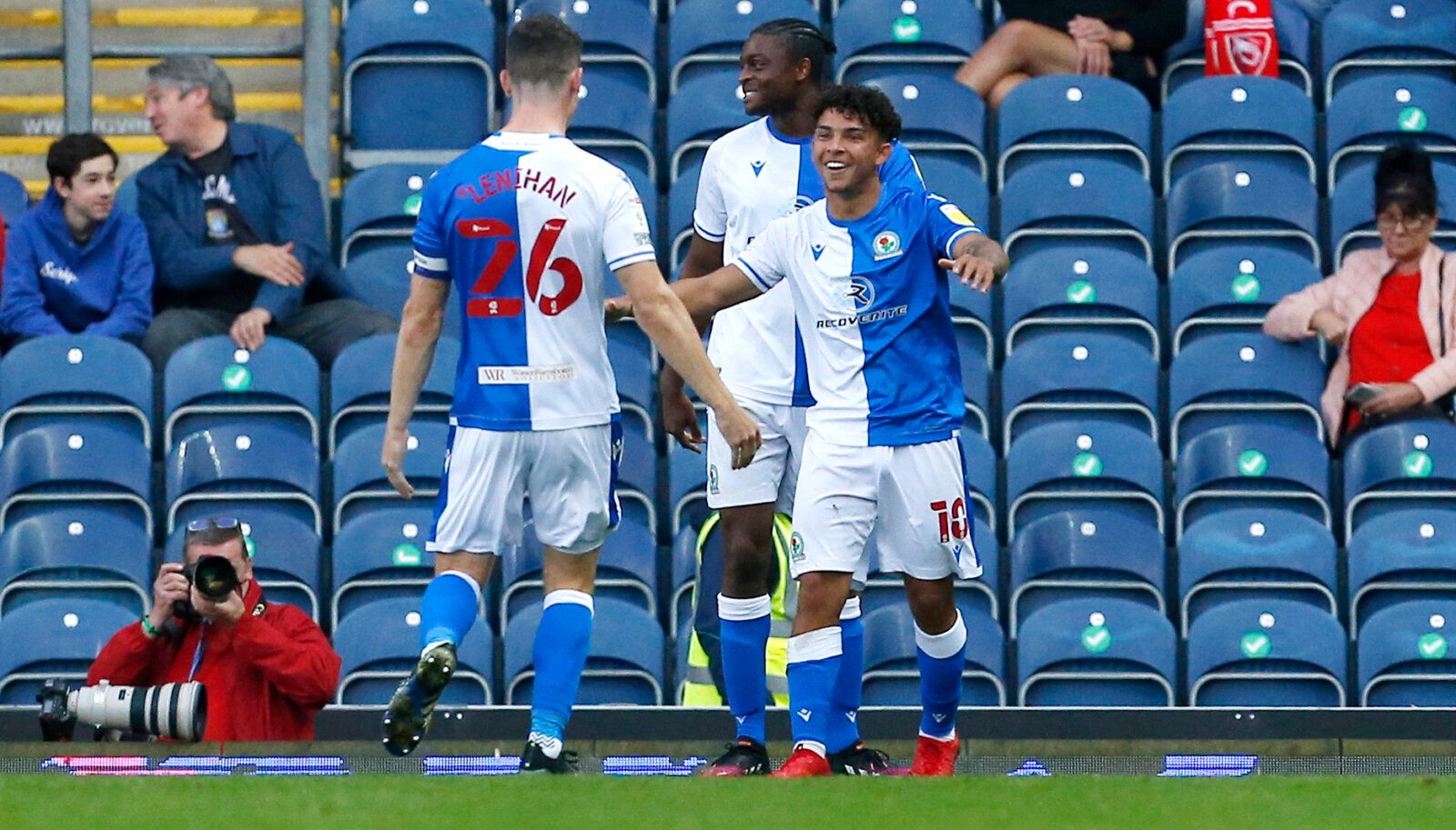 Soccer Football - Carabao Cup - First Round - Blackburn Rovers v Morecambe - Ewood Park, Blackburn, Britain - August 10, 2021 Blackburn Rovers' Tyrhys Dolan celebrates scoring their first goal with teammates Action Images/Craig Brough EDITORIAL USE ONLY. No use with unauthorized audio, video, data, fixture lists, club/league logos or 'live' services. Online in-match use limited to 75 images, no video emulation. No use in betting, games or single club /league/player publications.  Please contact 