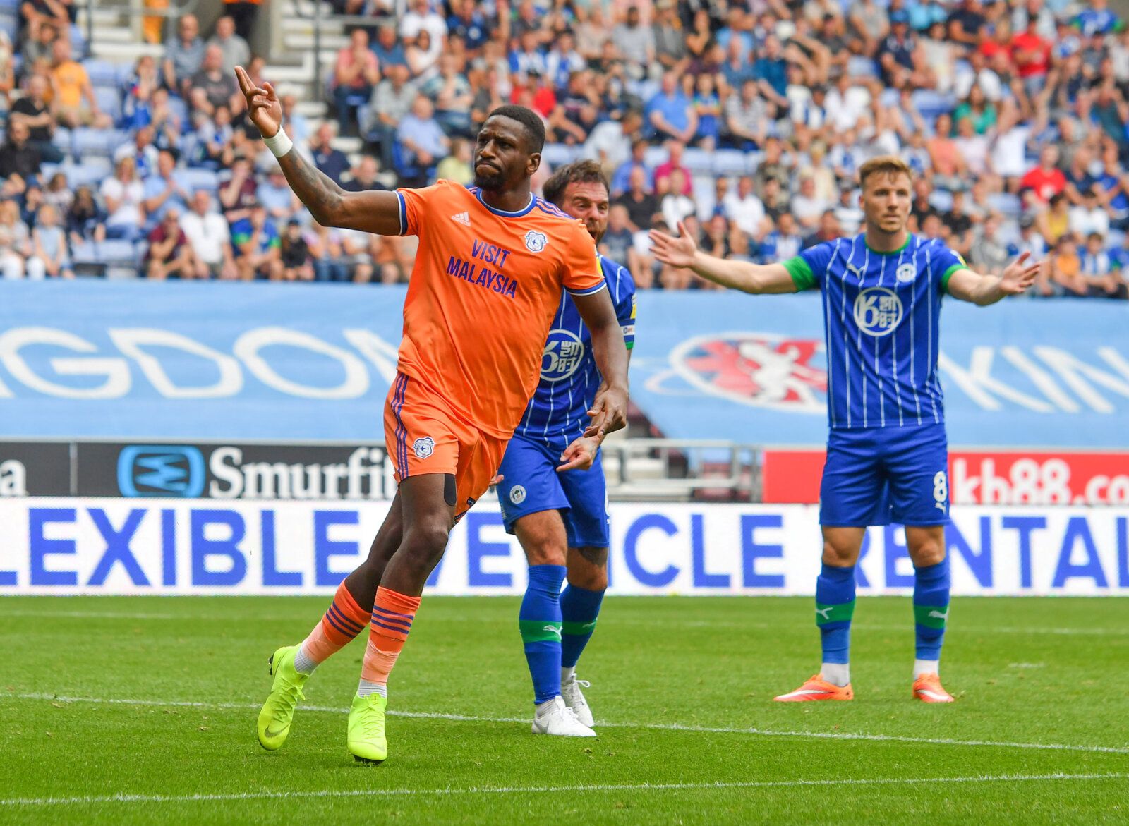 Soccer Football - Championship - Wigan Athletic v Cardiff City - DW Stadium, Wigan, Britain - August 3, 2019   Cardiff City's Omar Bogle celebrates scoring their second goal    Action Images/Paul Burrows    EDITORIAL USE ONLY. No use with unauthorized audio, video, data, fixture lists, club/league logos or 