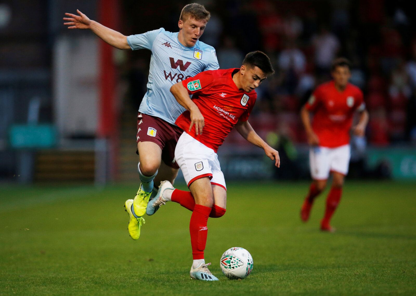 Soccer Football - Carabao Cup Second Round - Crewe Alexandra v Aston Villa - The Alexandra Stadium, Crewe, Britain - August 27, 2019  Aston Villa's Matt Targett in action with Crewe Alexandra's Owen Dale     Action Images via Reuters/Ed Sykes  EDITORIAL USE ONLY. No use with unauthorized audio, video, data, fixture lists, club/league logos or "live" services. Online in-match use limited to 75 images, no video emulation. No use in betting, games or single club/league/player publications.  Please 