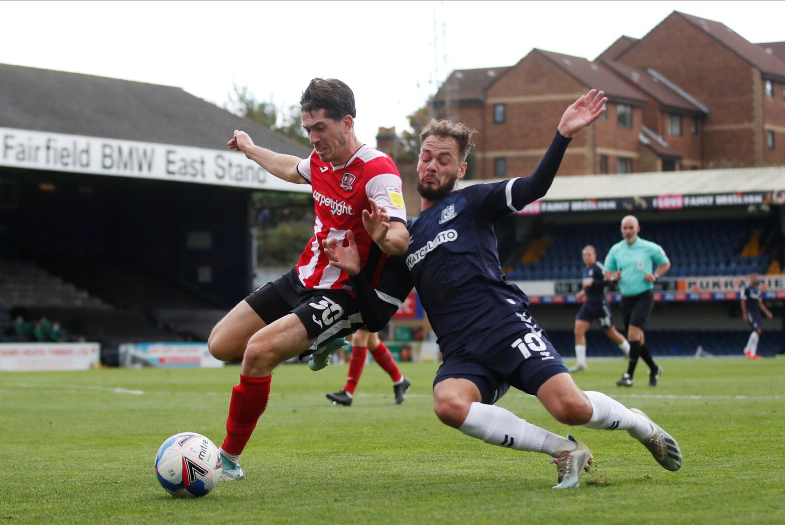 Soccer Football - League Two - Southend United v Exeter City - Roots Hall, Southend-on-Sea, Britain - October 10, 2020   Southend United’s Brandon Goodship in action with Exeter City’s Josh Key   Action Images/Matthew Childs    EDITORIAL USE ONLY. No use with unauthorized audio, video, data, fixture lists, club/league logos or 