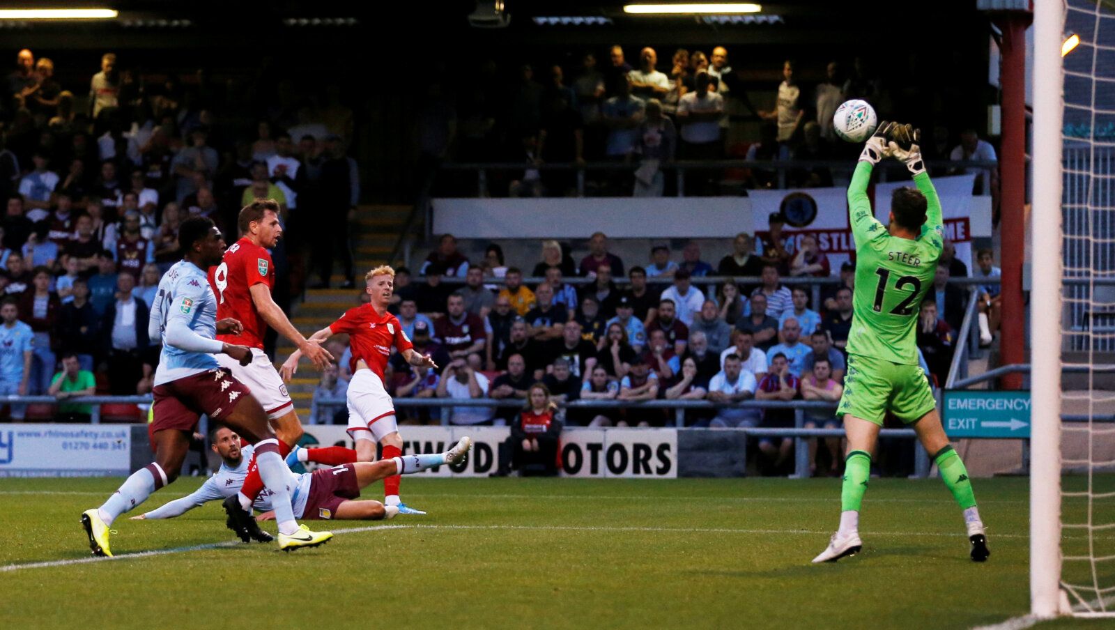 Soccer Football - Carabao Cup Second Round - Crewe Alexandra v Aston Villa - The Alexandra Stadium, Crewe, Britain - August 27, 2019  Aston Villa's Jed Steer saves a shot from Crewe Alexandra's Charlie Kirk     Action Images via Reuters/Ed Sykes  EDITORIAL USE ONLY. No use with unauthorized audio, video, data, fixture lists, club/league logos or "live" services. Online in-match use limited to 75 images, no video emulation. No use in betting, games or single club/league/player publications.  Plea