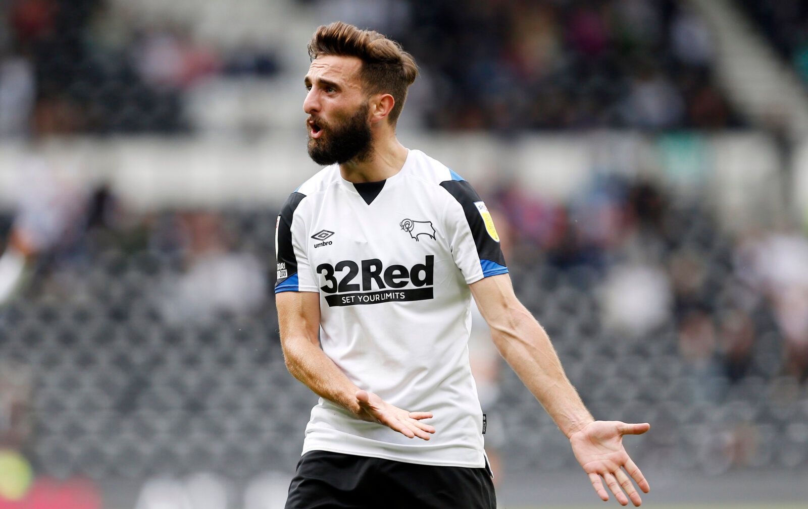 Soccer Football - Championship - Derby County v Huddersfield Town - Pride Park, Derby, Britain - August 7, 2021  Derby County's Graeme Shinnie reacts Action Images/Craig Brough